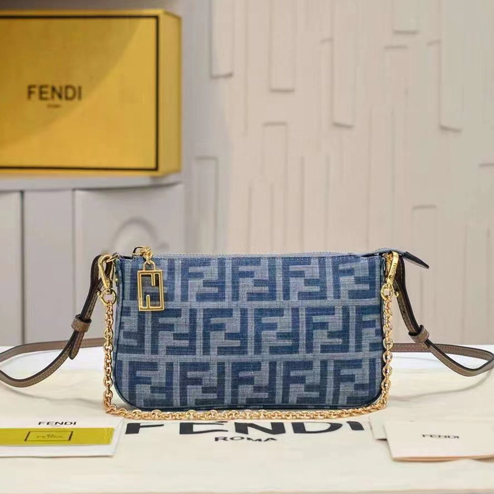 Fendi Baguette Light blue FF chain denim clutch bag  (Replica) - Replicaclubs