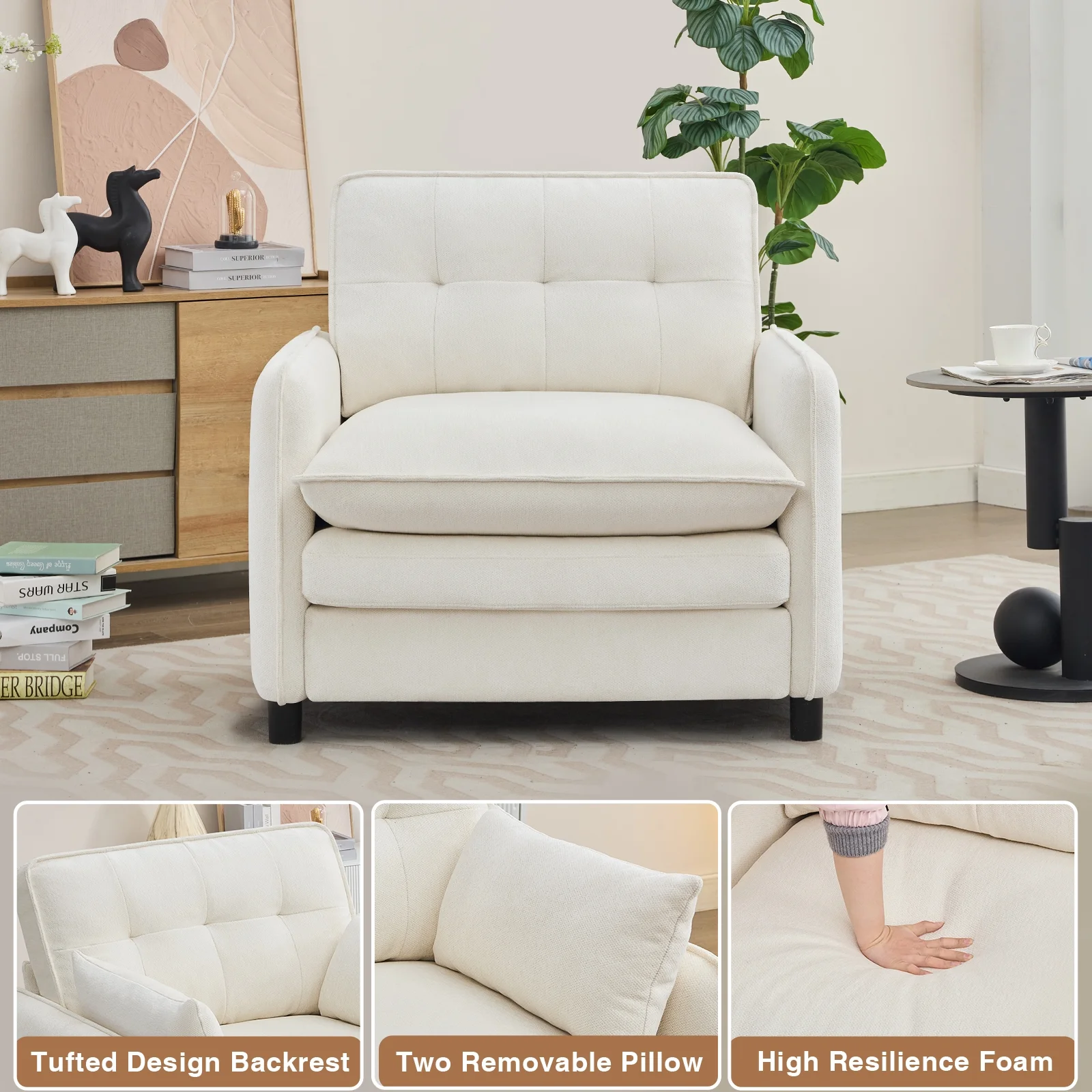 Aemeios Upholstered Chenille OversizedAccent Armchairs with Ottoman and Side Pocket, Cream - Image 6