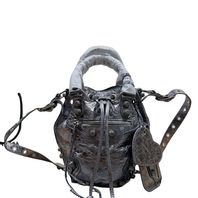 Metallic Balenciaga Bucket Bag with Studs and Adjustable Straps for Edgy Fashion Style No.3033 - Replicaclubs