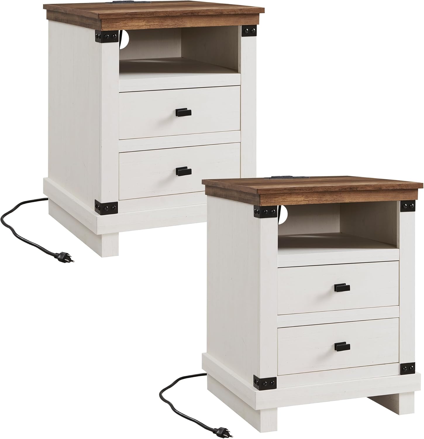 Farmhouse Nightstand Set of 2 with Charging Station, 18