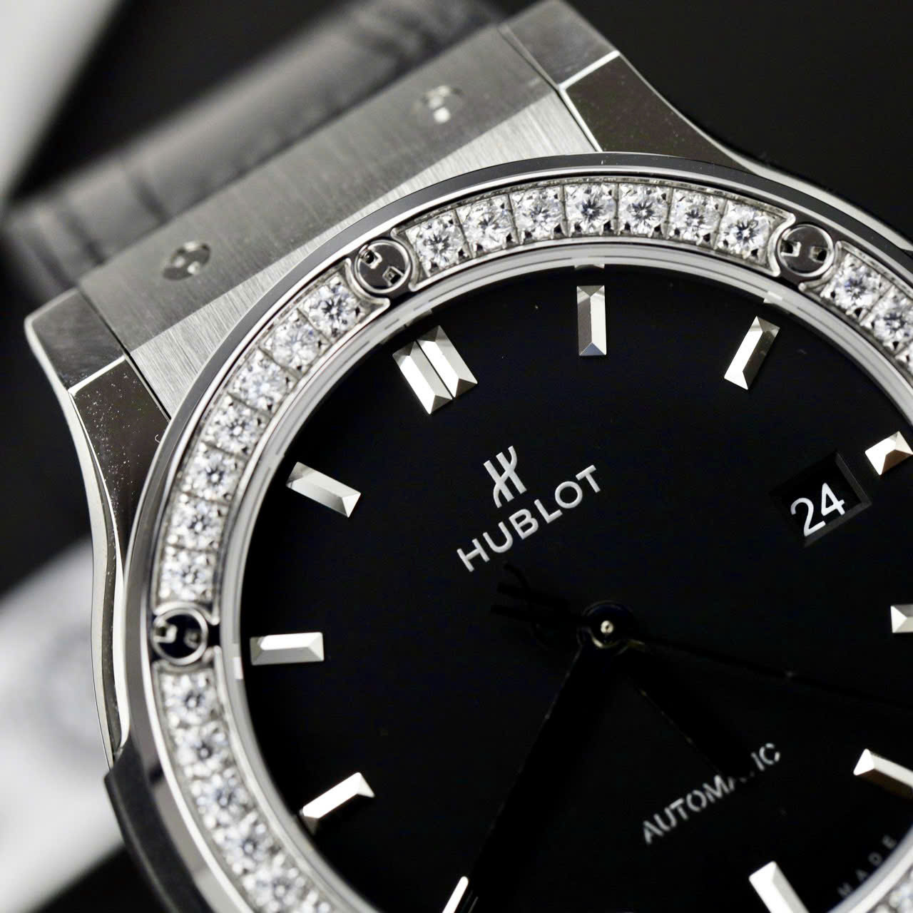 Hublot Classic Fusion Titanium Replica Watch Black Dial Custom Moissanite Diamonds 42mm - Top club