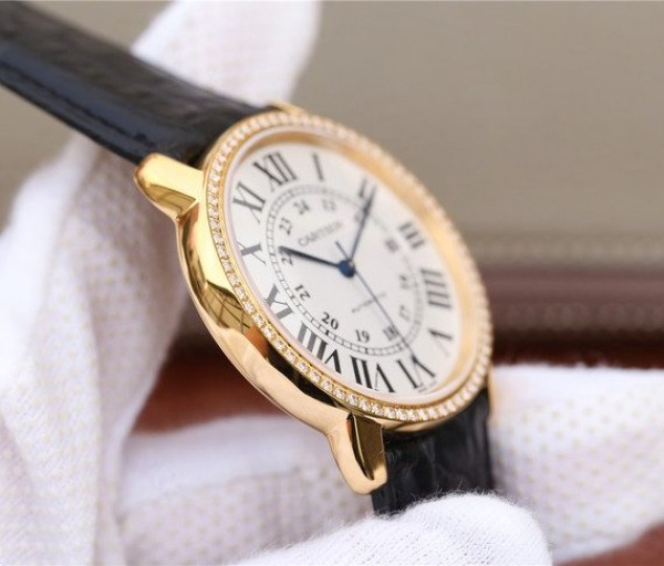 Replica Cartier Ronde De Cartier YG White Dial Diamonds Bezel Croco Strap A2892 - Top club