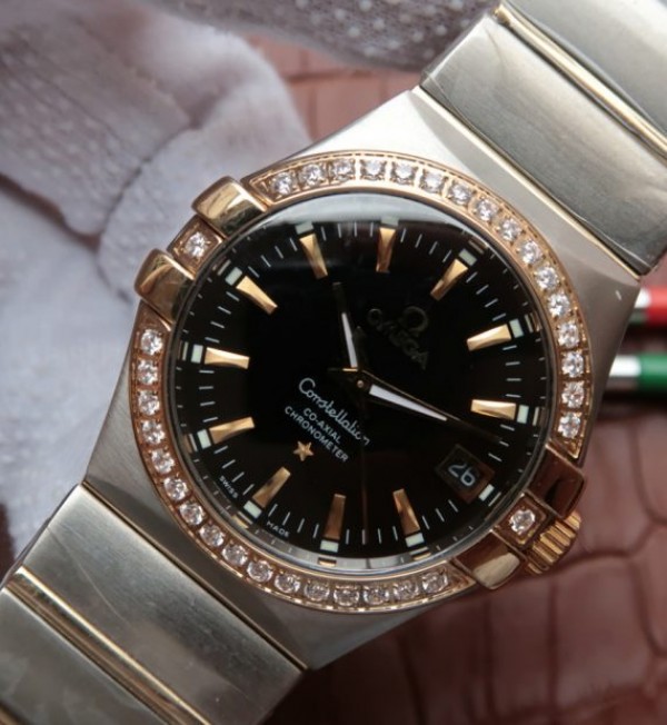 Replica Omega V6 Constellation 35mm Diamonds Bezel Black Dial SS Bracelet A2500 - Elite Watch Atelier