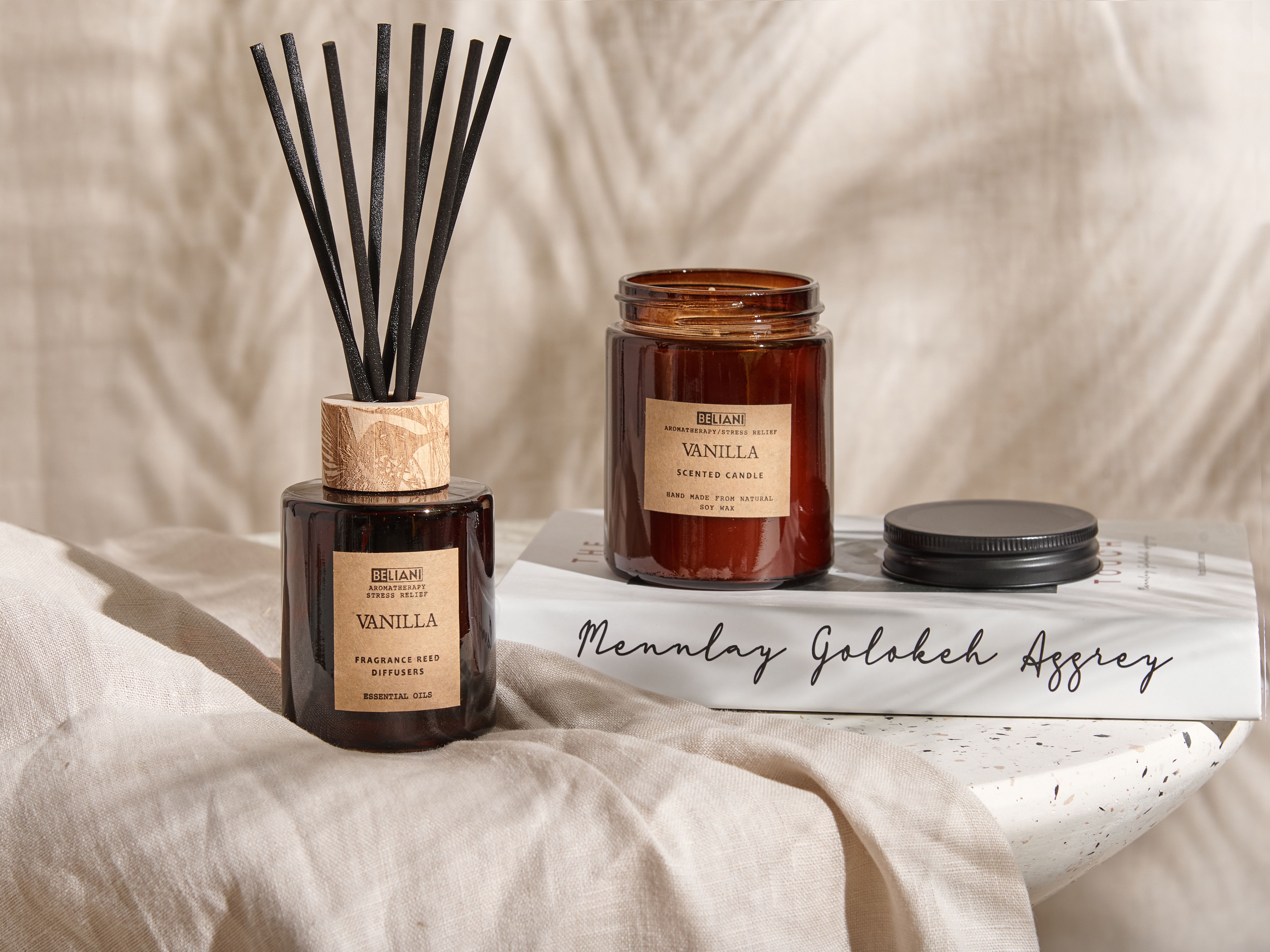 Scented Candle with Fragrance Reed Diffuser DARK ELEGANCE 9 cm Brown