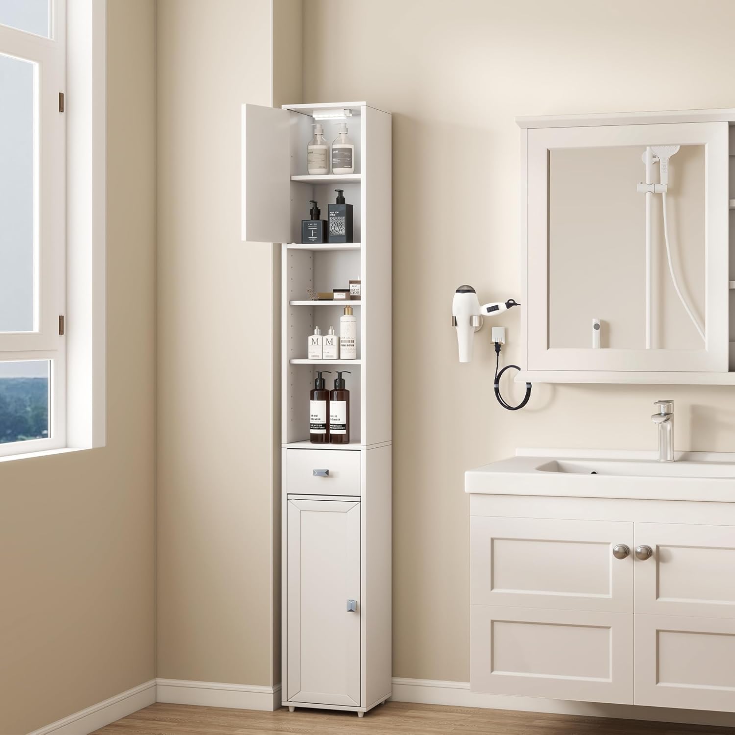 Tall Storage Cabinet, 7.9 Inch Narrow Bathroom Cabinet with USB Magnetic Light, Open Shelf, Magnetic Doors & Drawer, 5 Adjustable Shelves, Anti-Tip Kit for Small Spaces, Living Room, White, 70.9