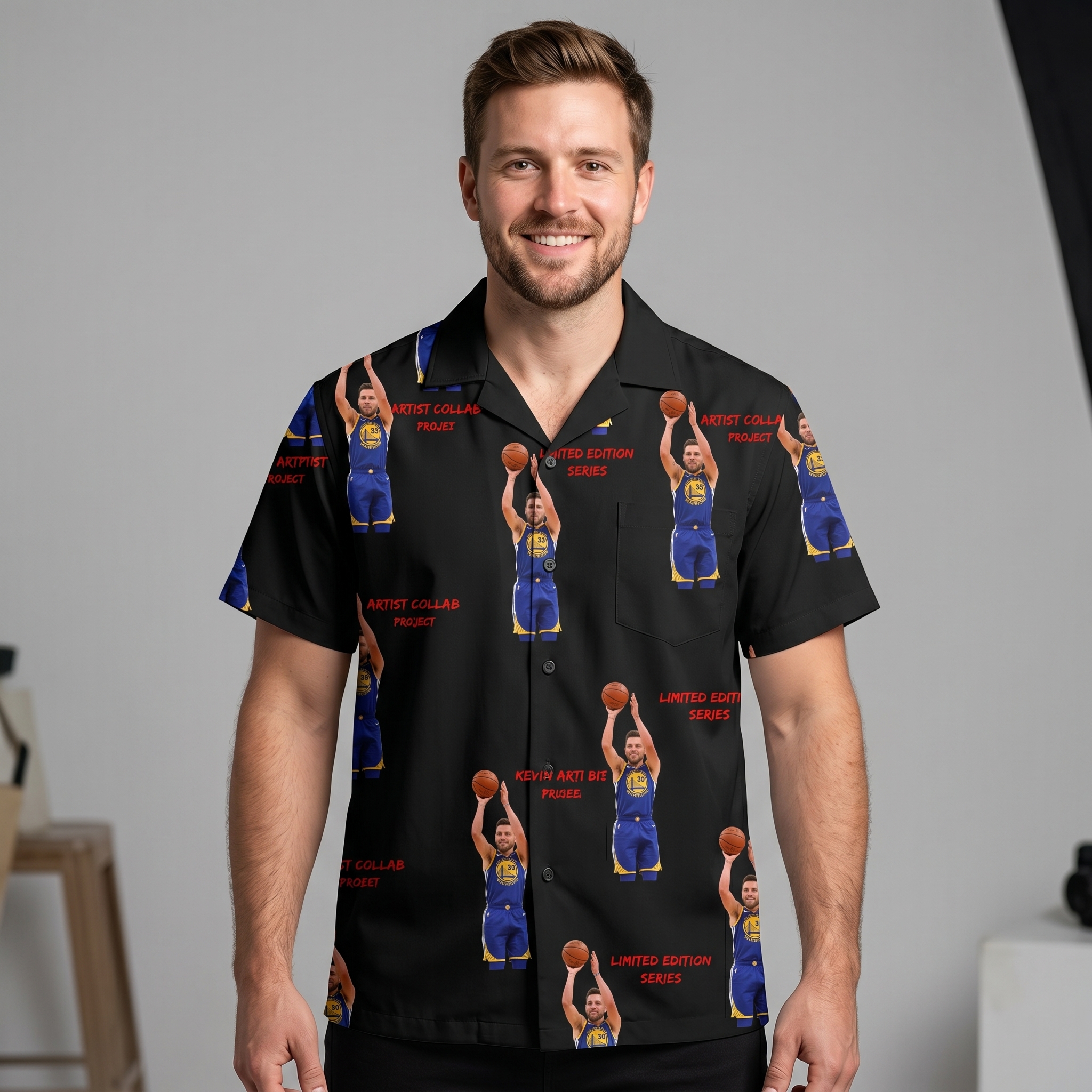 Men's black short-sleeve button-up shirt with basketball theme pattern, studio product shot
