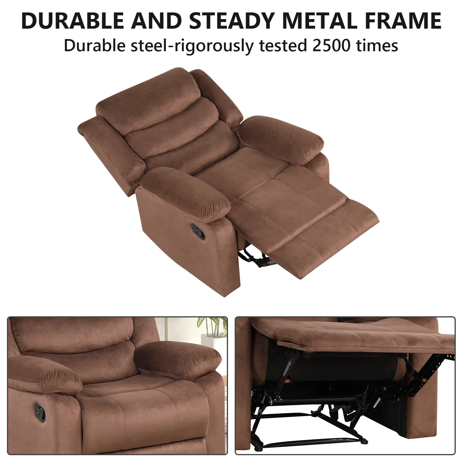 Bonzy Home Recliner Chairs for Living Room Overstuffed Breathable Fabric Reclining Chair Manual Sofa Brown - Image 12