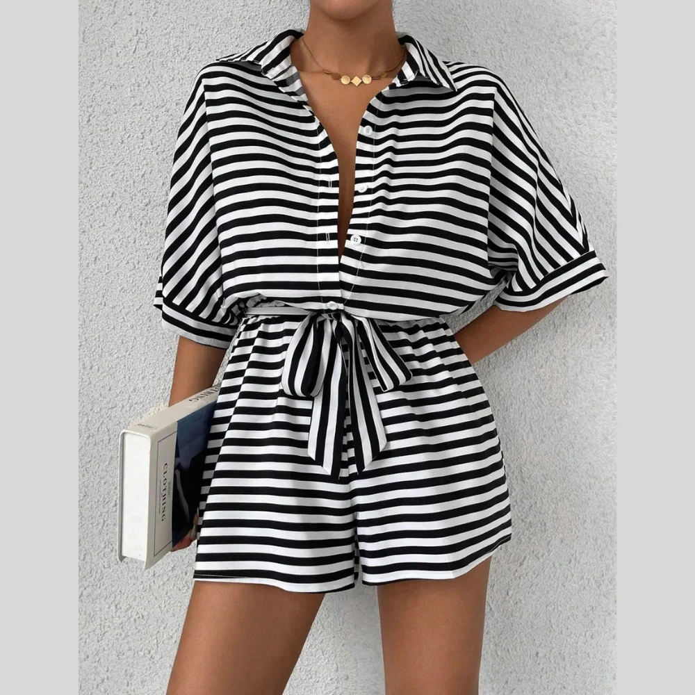 Tie Waist Half Button Striped Romper - ZKZOOK