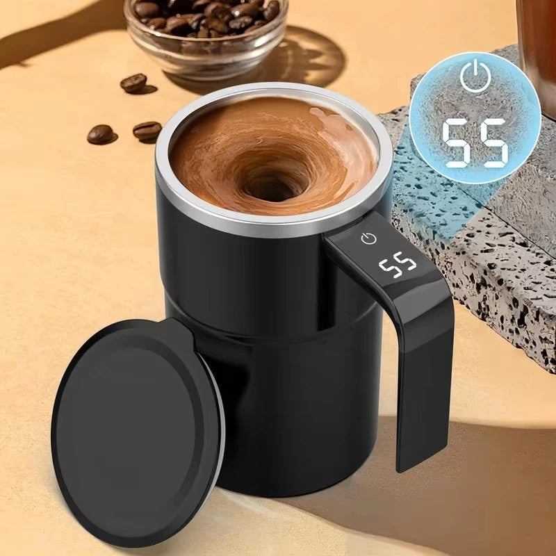 Zelfroerende Mok met Temperatuurdisplay – 380 ml Roestvrij Staal, Draagbaar en Lekvrij, USB Oplaadbaar, Perfect voor Koffie en Thee