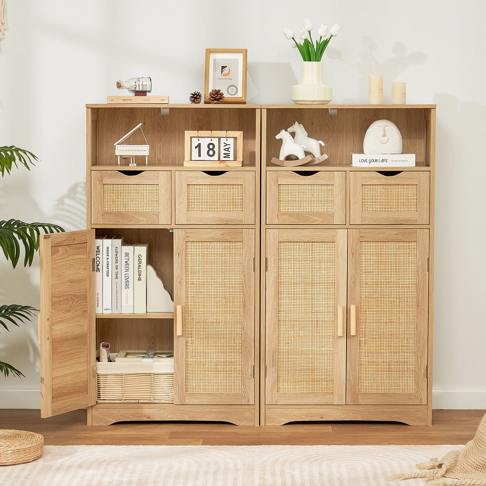FANGSUM Rattan Storage Cabinet with 2 Drawers & 2 Shelves, Floor Cabinet for Living Room - Image 4