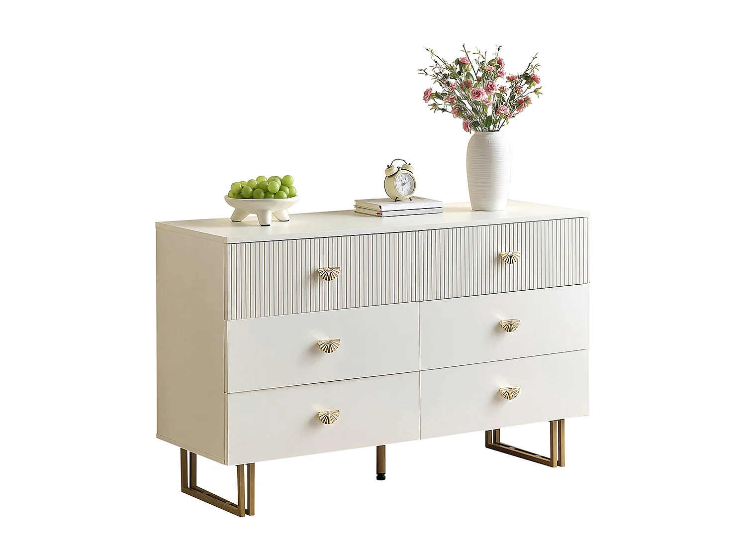 Buffet moderne avec 6 tiroirs aux accents blancs et dorés - 120 x 40 x 75 cm - pour chambres - MDF - blanc
