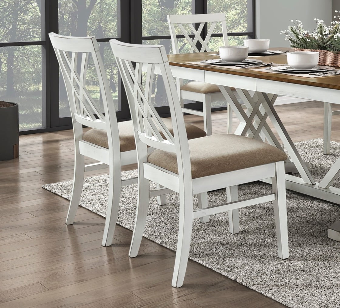 2 PCS Dining Side Chairs Furniture, Fabric Upholstered Seat Dining Chairs with X-Back Design, Wooden Cross Back Chairs for Dining Room, Bedroom and Kitchen, White and Oak Finish