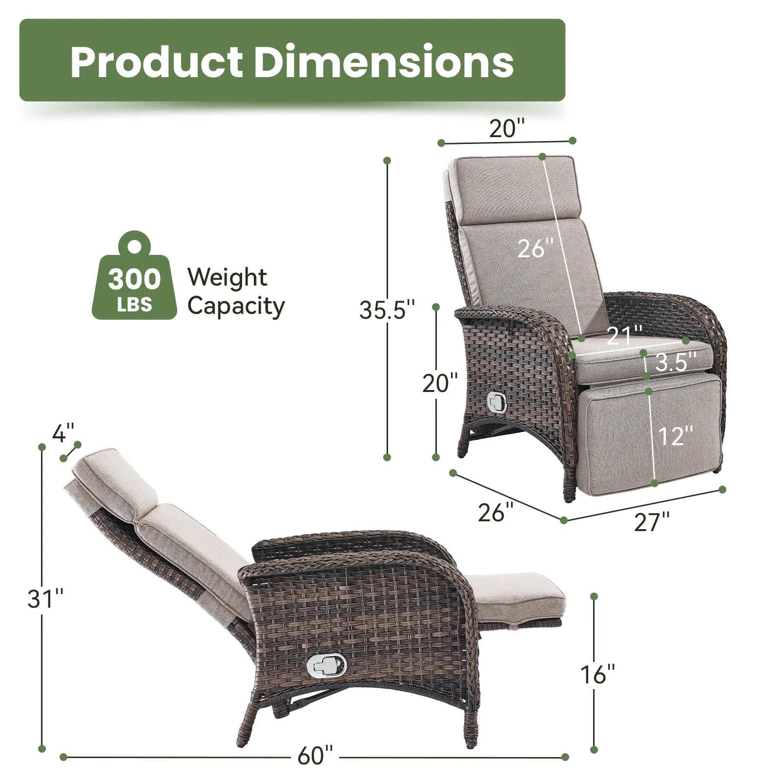 OPOHORO Outdoor Recliner Chair, Adjustable Reclining Patio Chair with Cushion, Wicker Outdoor Chaise Lounge with Adjustable Backrest and Footrest, Ideal for Pool Deck, Beige - Image 11