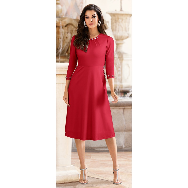 Delena Pearl-Trim A-Line Dress - MIDNIGHT VELVET CATALOG