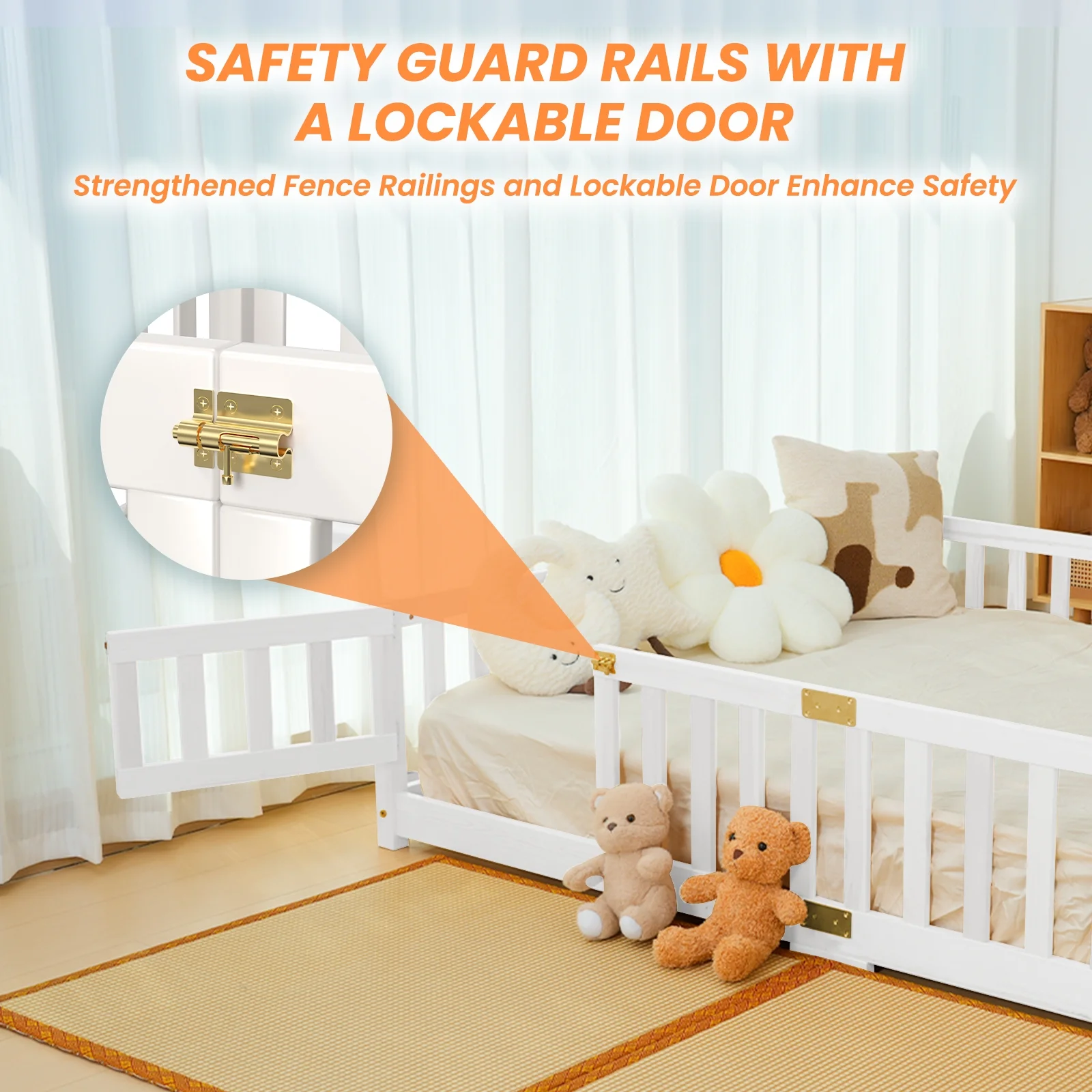 Slsy Twin Size Toddler Floor Bed, Solid Wood Montessori Bed Frame with Fence & Door Montessori Floor Bed Crib with Safety Guardrails for Girls and Boys - Image 14