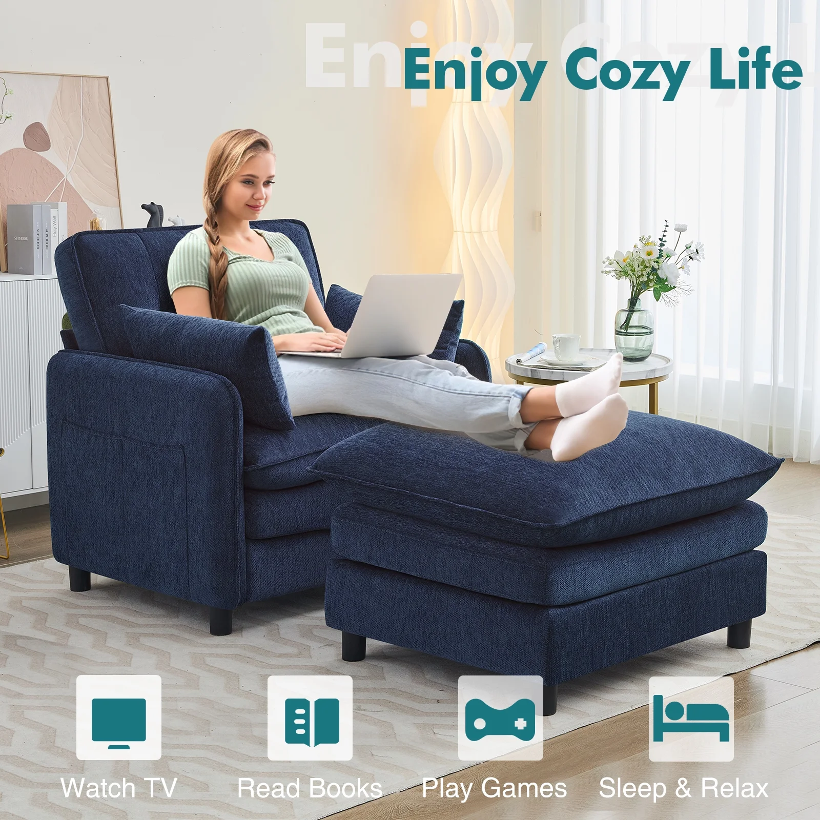 Aemeios Upholstered Chenille OversizedAccent Armchairs with Ottoman and Side Pocket, Cream - Image 20
