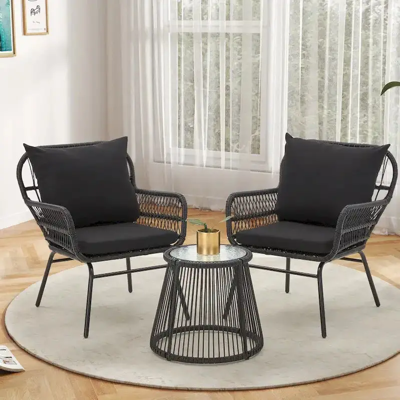 3-Piece Outdoor Rattan Bistro Set With Glass-Top Table, Wide-Arm Chairs And Seat Cushions - Image 3 3-Piece Outdoor Rattan Bistro Set With Glass-Top Table, Wide-Arm Chairs And Seat Cushions - Image 3