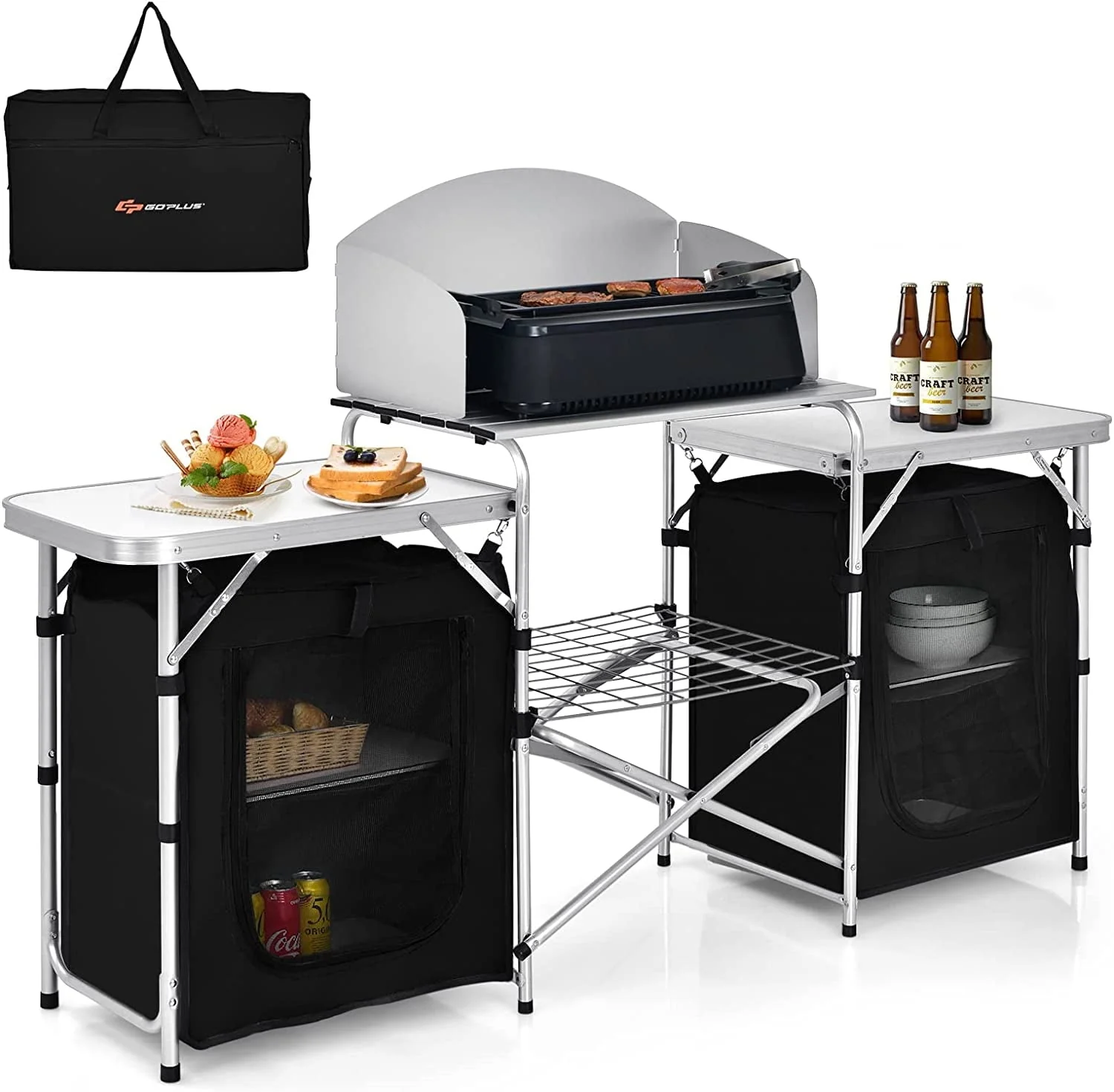 Camping Kitchen Table with Storage, Aluminum Portable Outdoor Cooking Table with Windscreen, Foldable Camp Table Cook Station for BBQ, Grill, Party, Picnics - Image 9