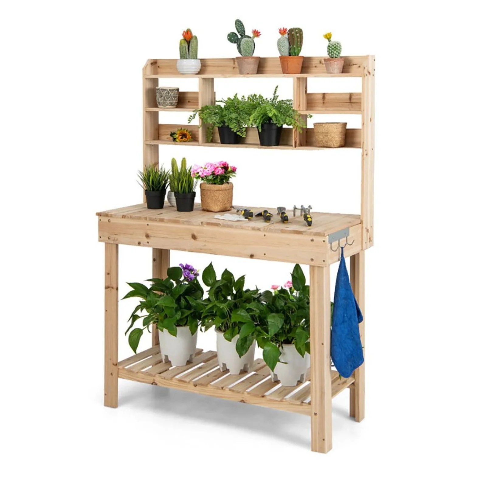 Garden Potting Bench Table with Display Rack & Sink - Outdoor Workstation for Plants, Tools & Gardening - Fir Wood - 43.5