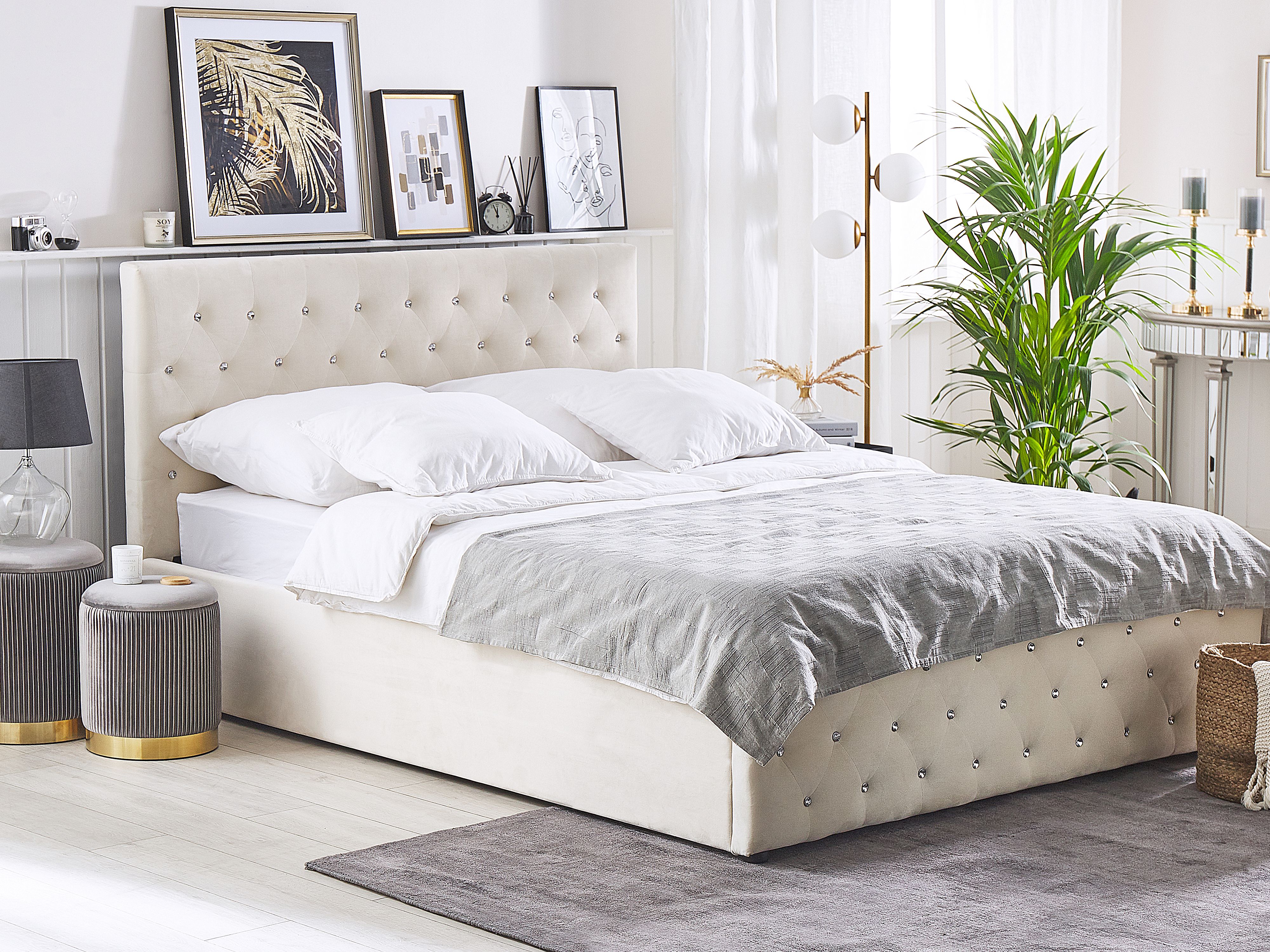 Ottoman Bed Velvet AMIENS 180 x 200 cm (EU Super King) Light Beige