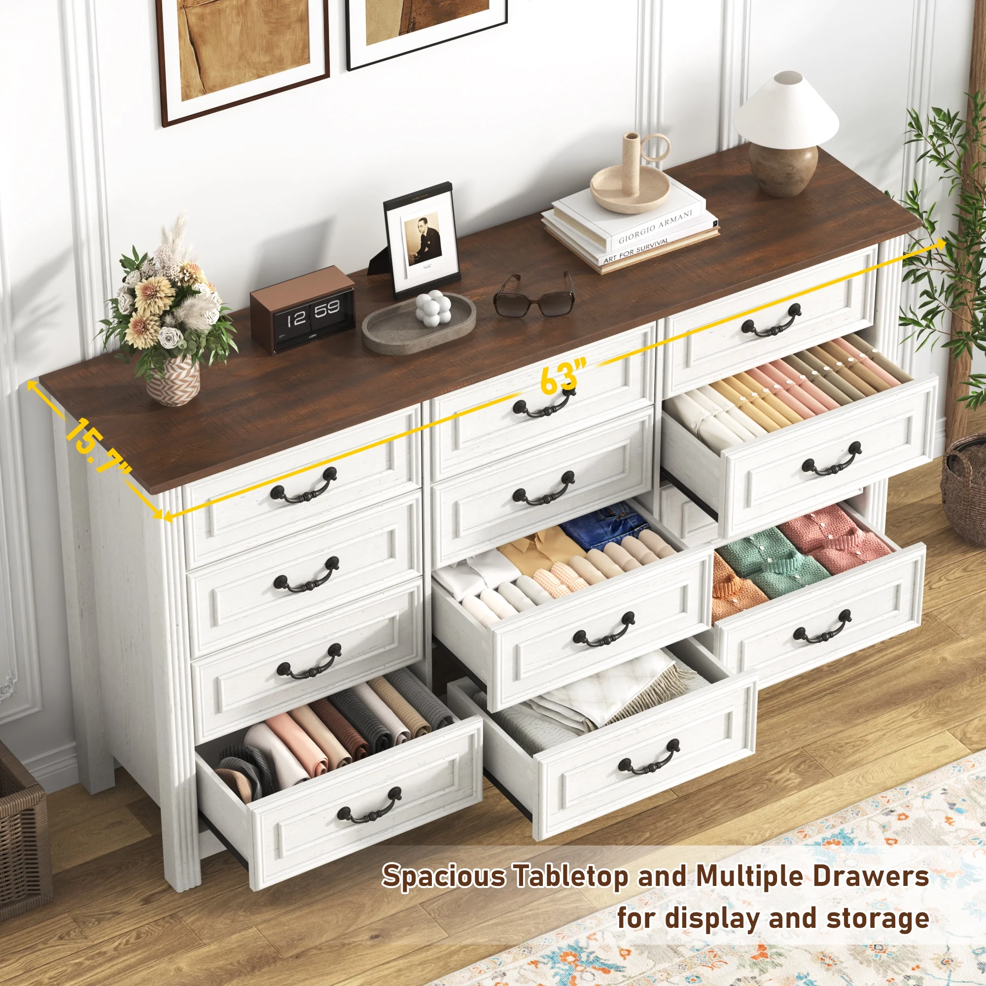 ChVans Farmhouse 12 Drawers Dresser for Bedroom, 63'' Wide Wood Rustic Chest of Drawers with Natural Texture, Vintage Design, Large Storage Dressers Organizer for Living Room, Hallway