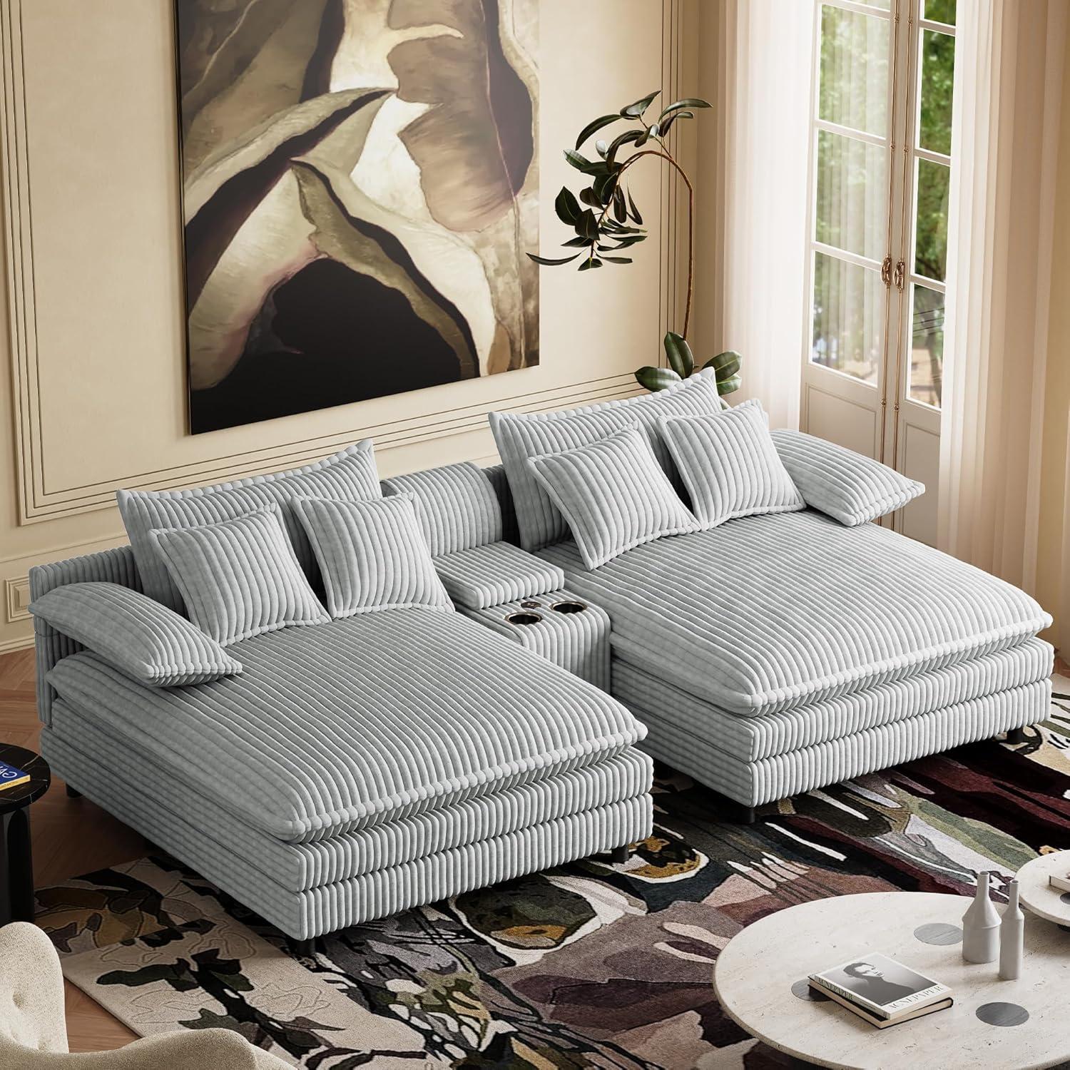 Oversized Chaise Lounge Chair Indoor with Cup Holders, Fast Charging USB, Storage & Adjustable Backrest, 114