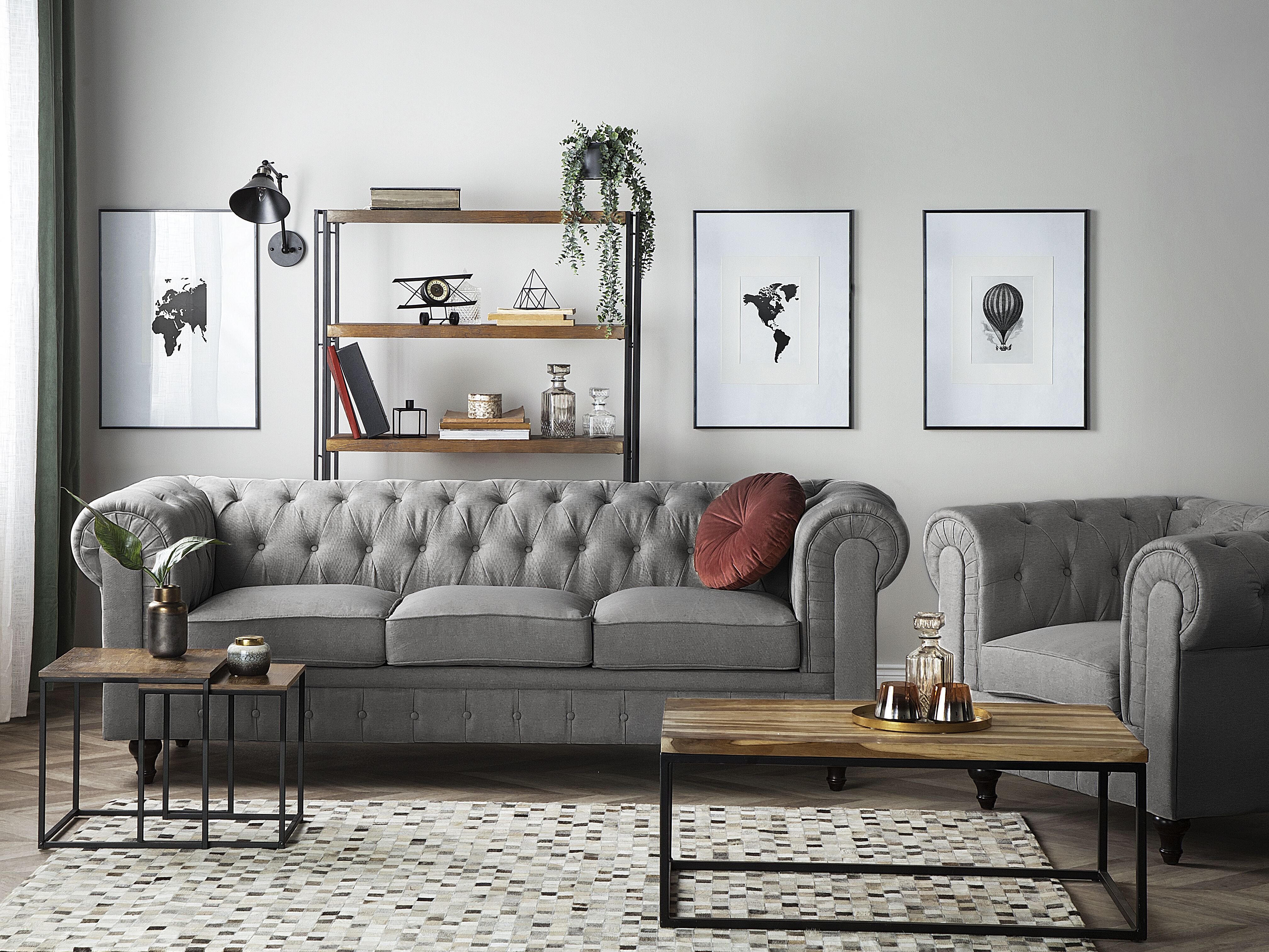 Living Room Set 4 Seater CHESTERFIELD Fabric Light Grey