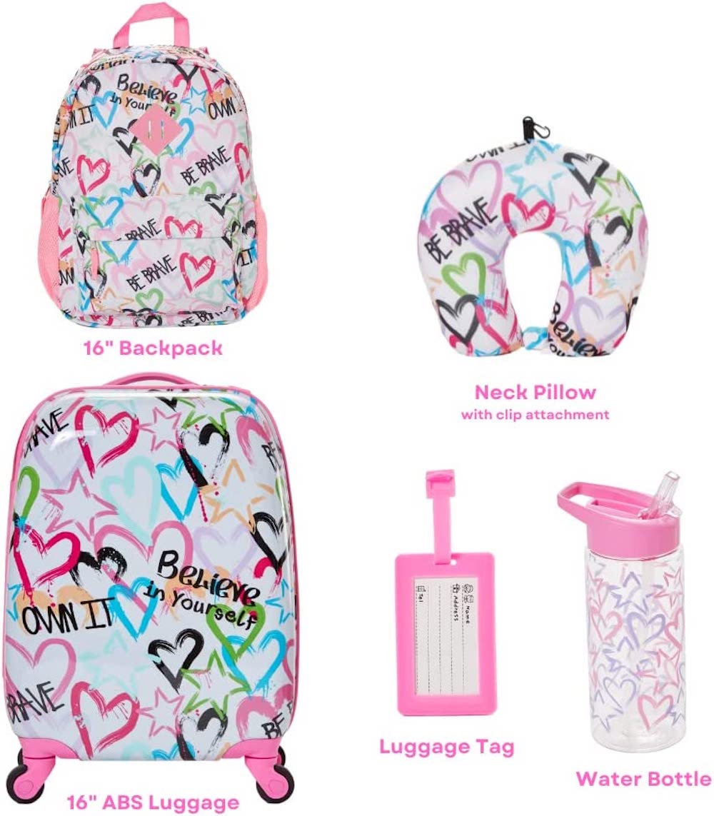 Kids Luggage Girls Suitcase Set Backpack Neck Pillow Water Bottle and Luggage Tag 5 Pc