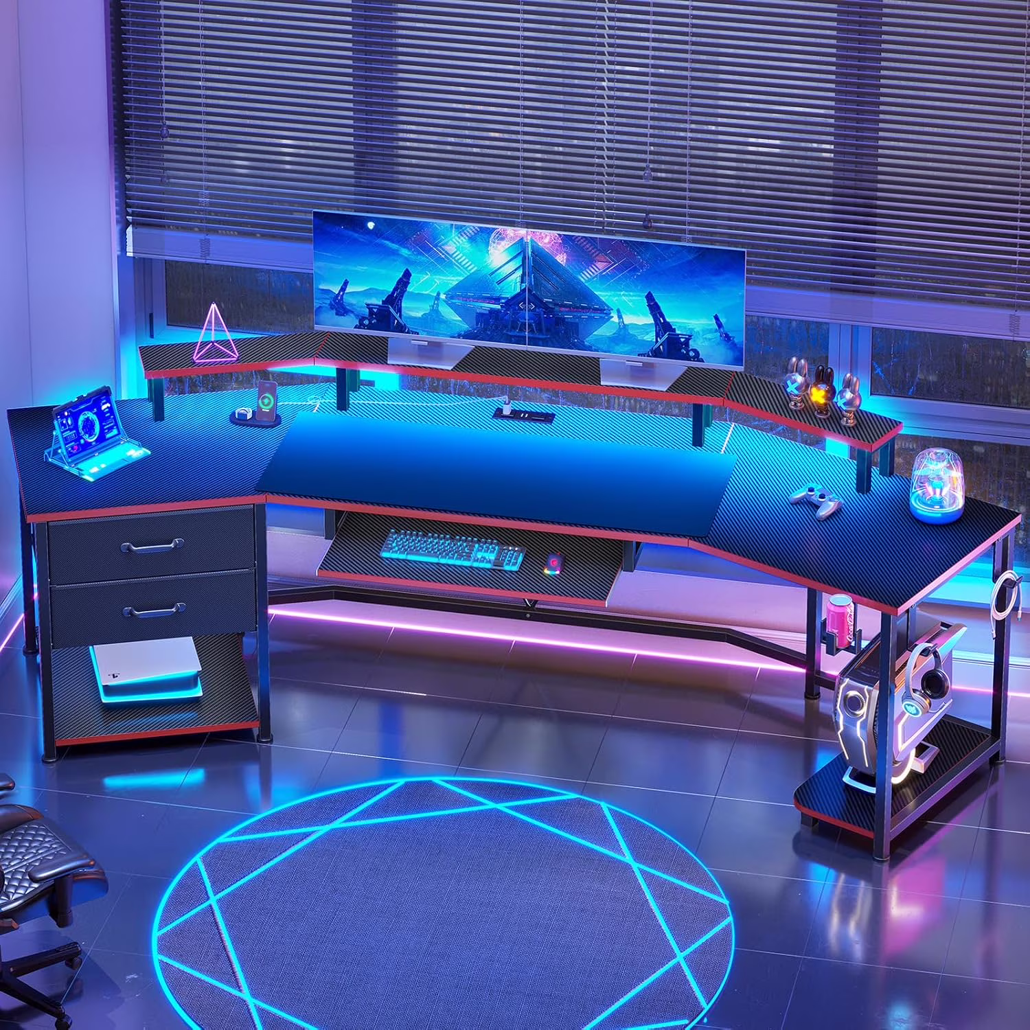 79" Gaming Desk with LED Lights and Power Outlets, U Shaped Desk with Monitor Stand and Drawers, Gaming Table with Keyboard Tray, Cup Holder and CPU Stand for Bedroom, Carbon Fiber Black - Image 3