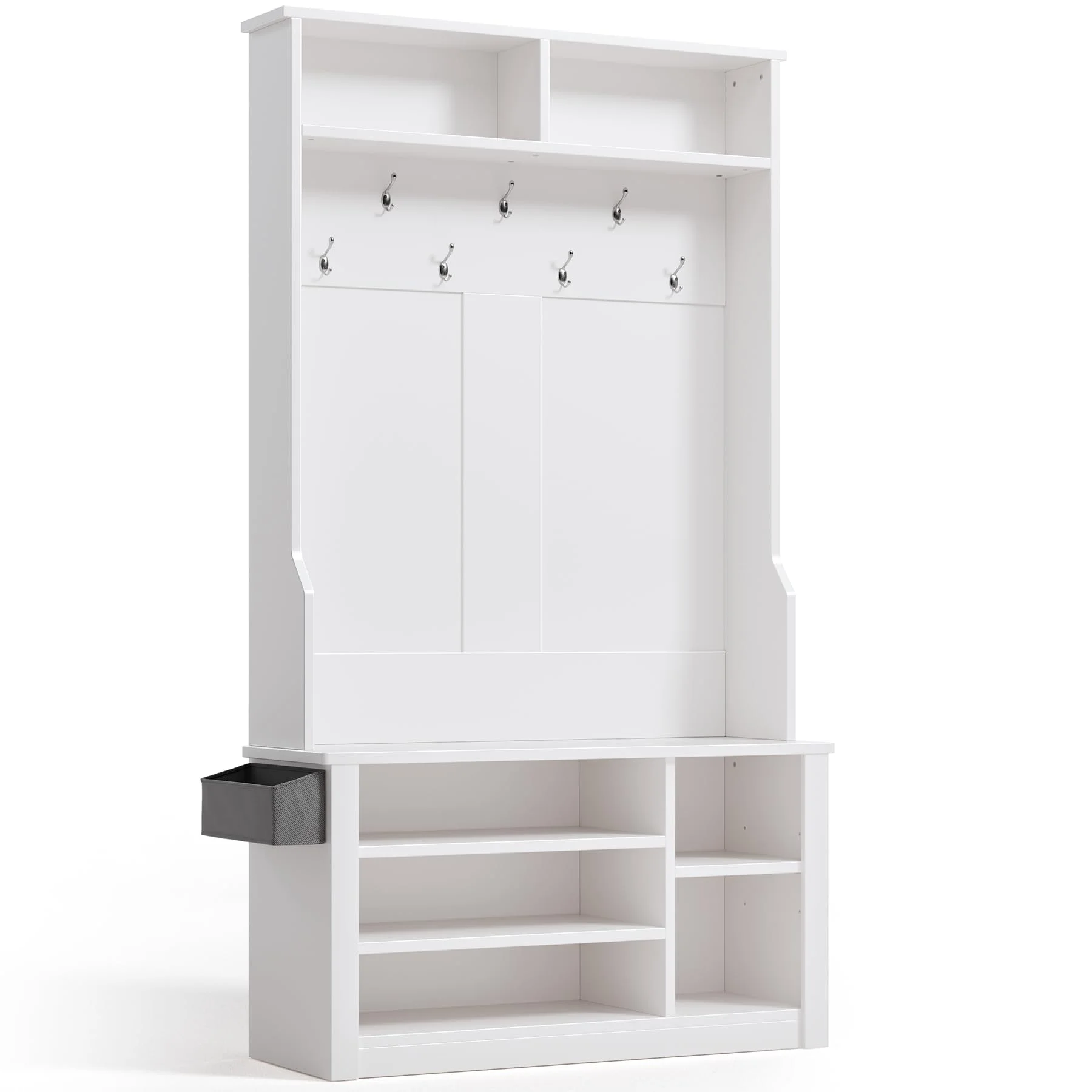 Lofka 5-in-1 Hall Tree with Bench and Shoe Storage, Entryway Hall Tree with Coat Rack, Adjustable Shoe Storage, 2-tier top storage,White - Image 2