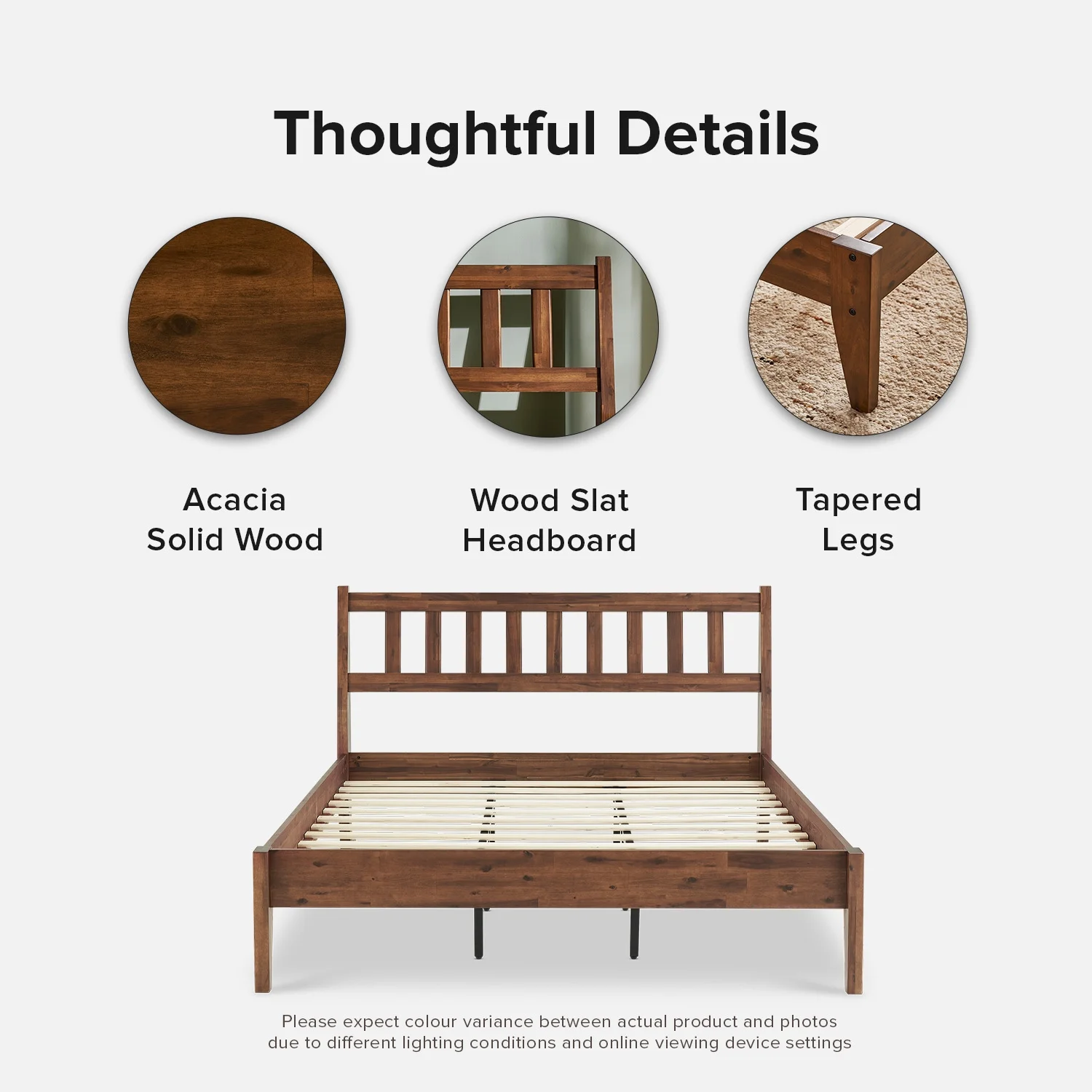 Mopio Ted Queen Bed Frame with Headboard, Full Size Bed Frame, Mid Century Modern Acacia Solid Wood Platform Bed Frame, Wooden Bed Slats, No Box Spring Needed, Double Metal Bar Support, Walnut - Image 6