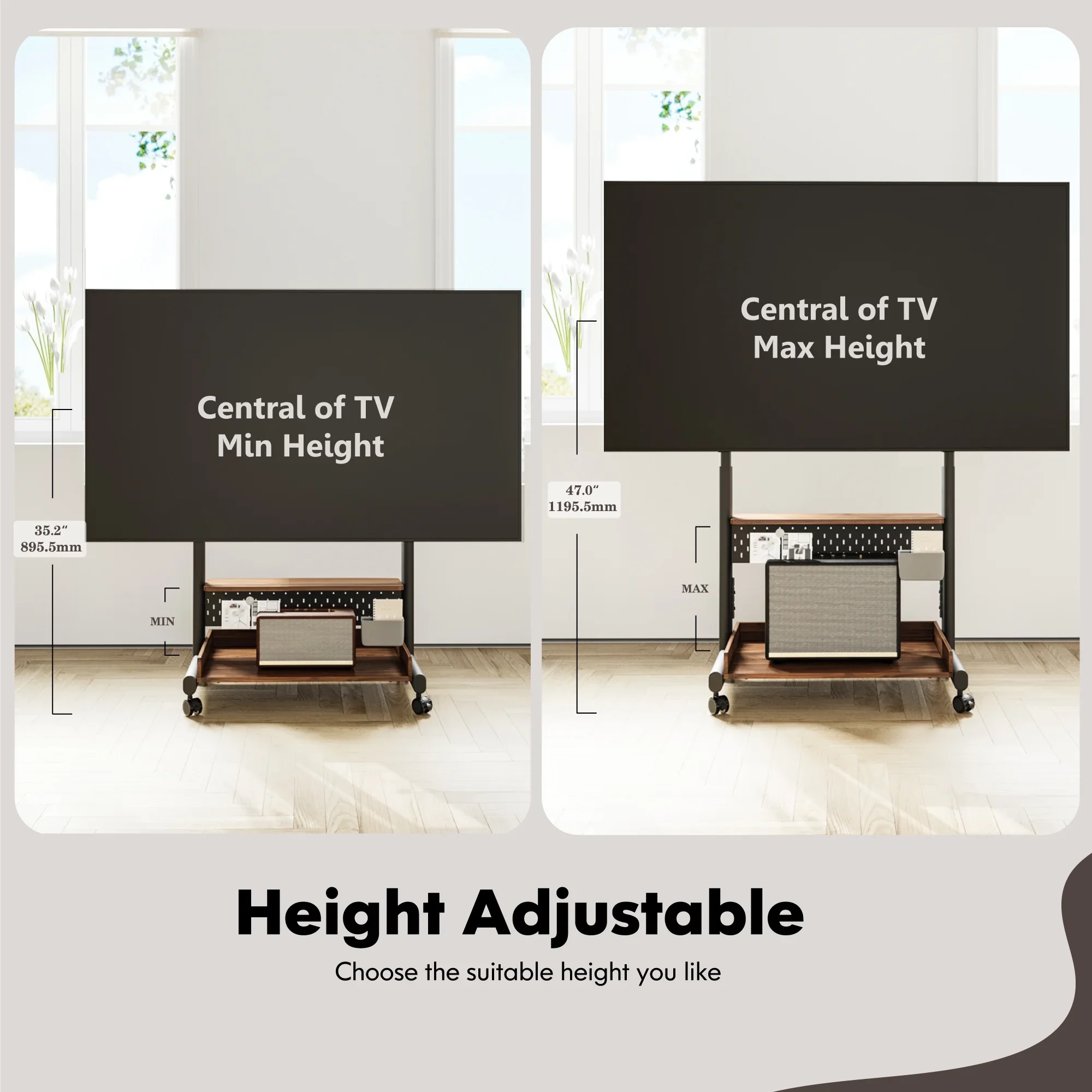 FITUEYES Rolling TV Stand with Wheels for 40-85 inch TVs, Height Adjustable Mobile TV Stand TV cart with Wooden Large Storage,White - Image 21