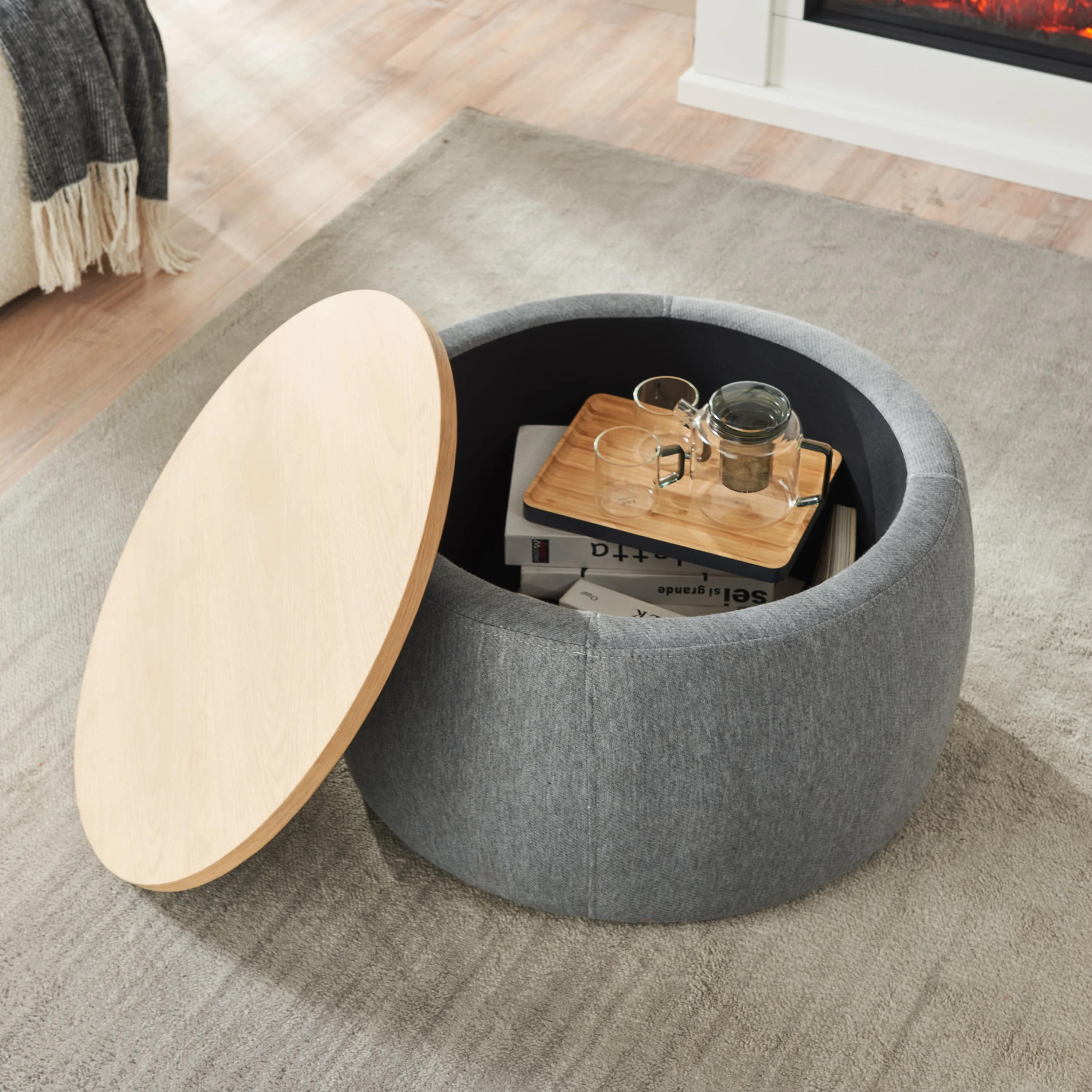 BTMWAYRound Coffee Table, 2 in 1 Round Storage Ottoman with Reversible Lid Tray, Upholstered Round Storage Ottoman Coffee Table with Storage, Footstool End Table for Living Room, Bedroom, Light Gray - Image 14