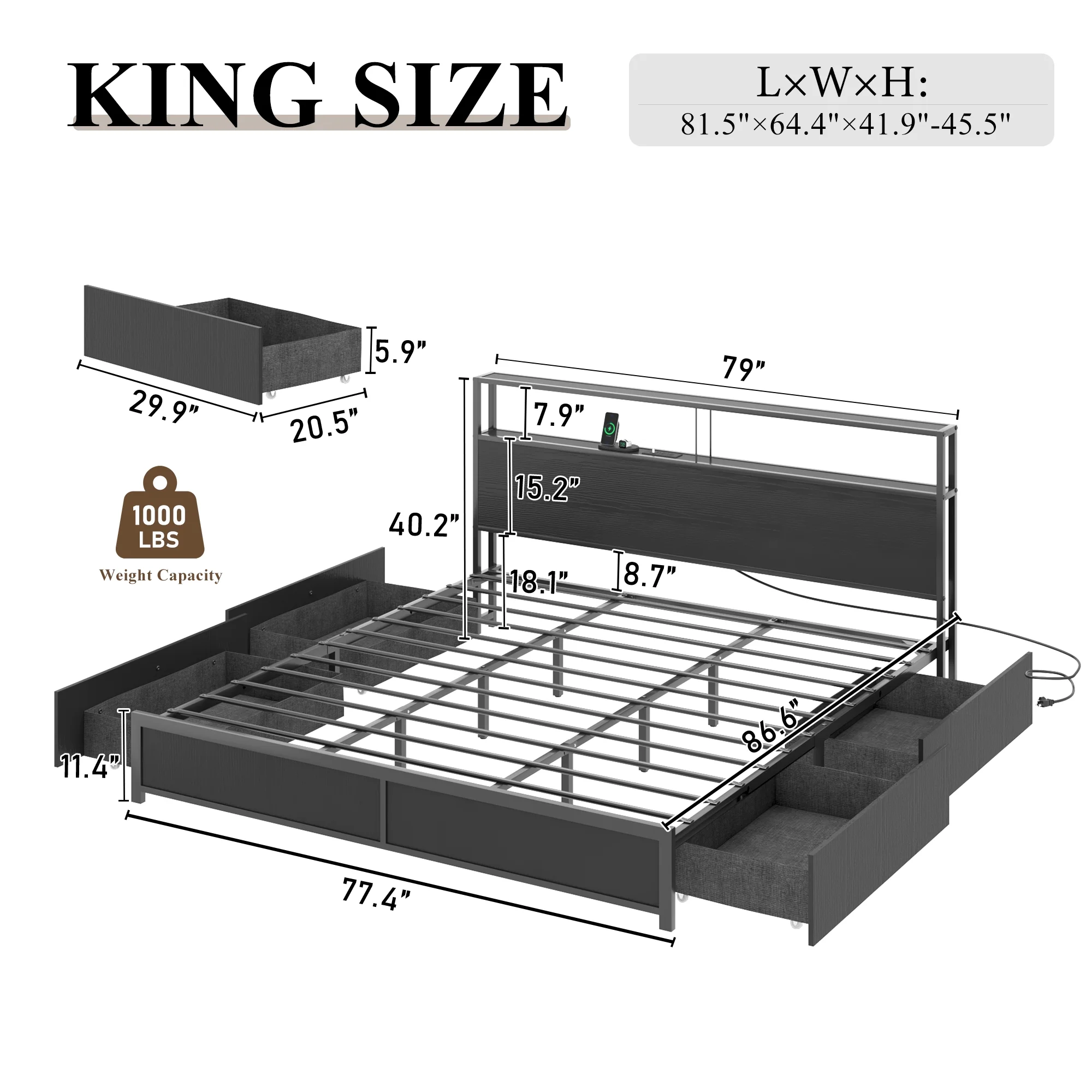 LED Full Bed Frame with Storage Headboard & 4 Drawers, Industrial Metal Platform Bed with Power Charging Station & USB Ports - Image 14