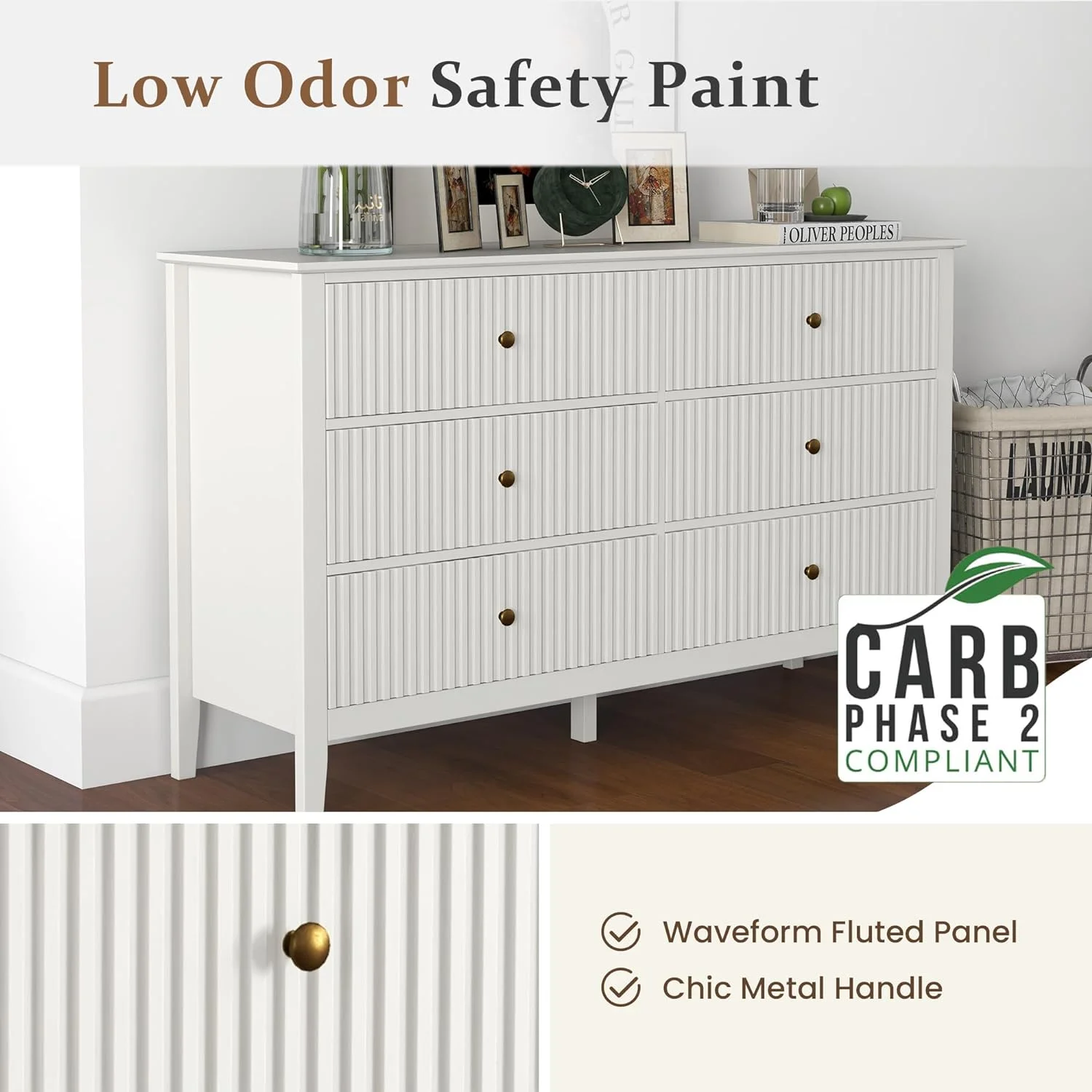 Heynemo Beige 6 Drawer Dresser, Fluted Modern Wood Chest - Image 103