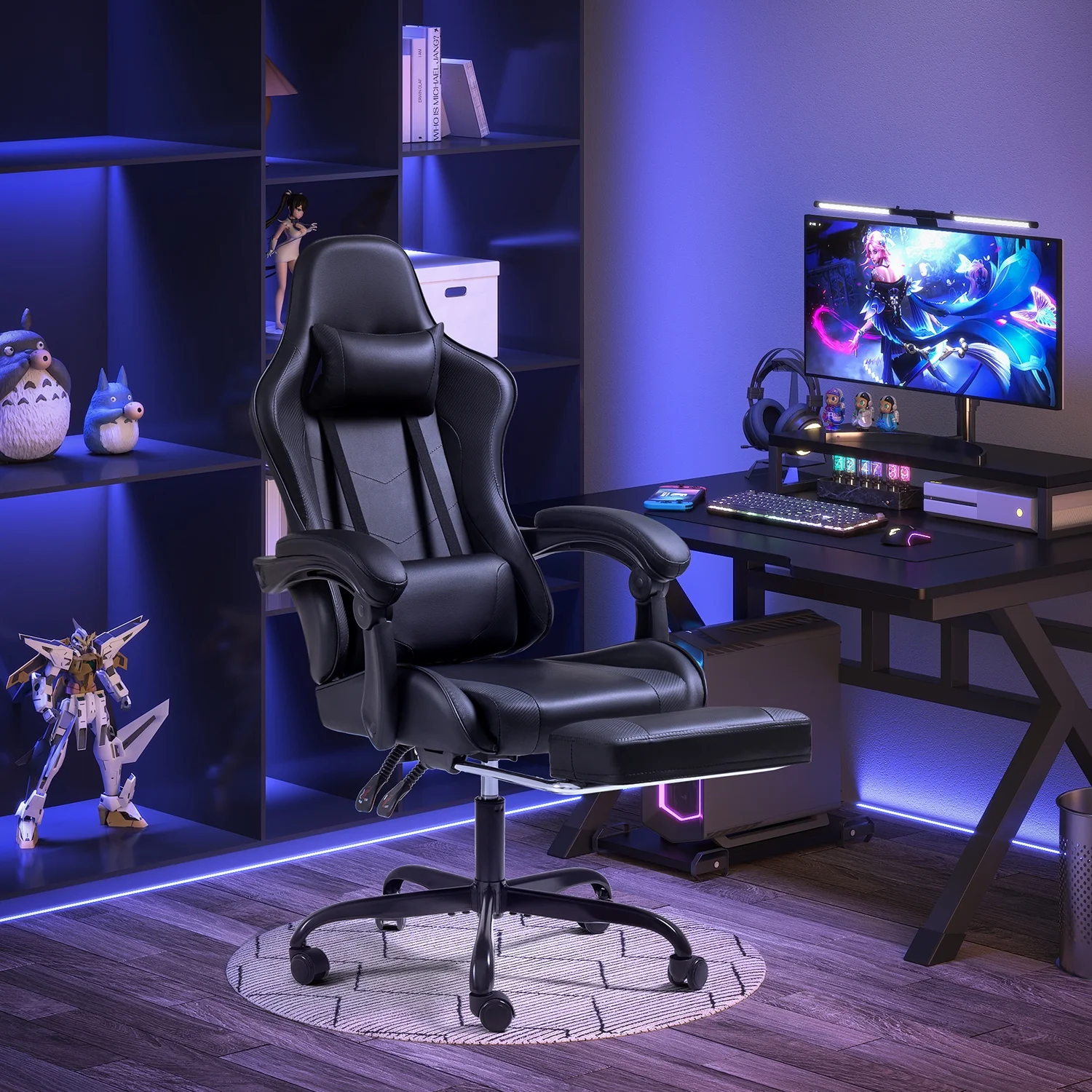 Lacoo PU Leather Gaming Chair Massage Ergonomic Gamer Chair Height Adjustable Computer Chair with Footrest & Lumbar Support, White - Image 56
