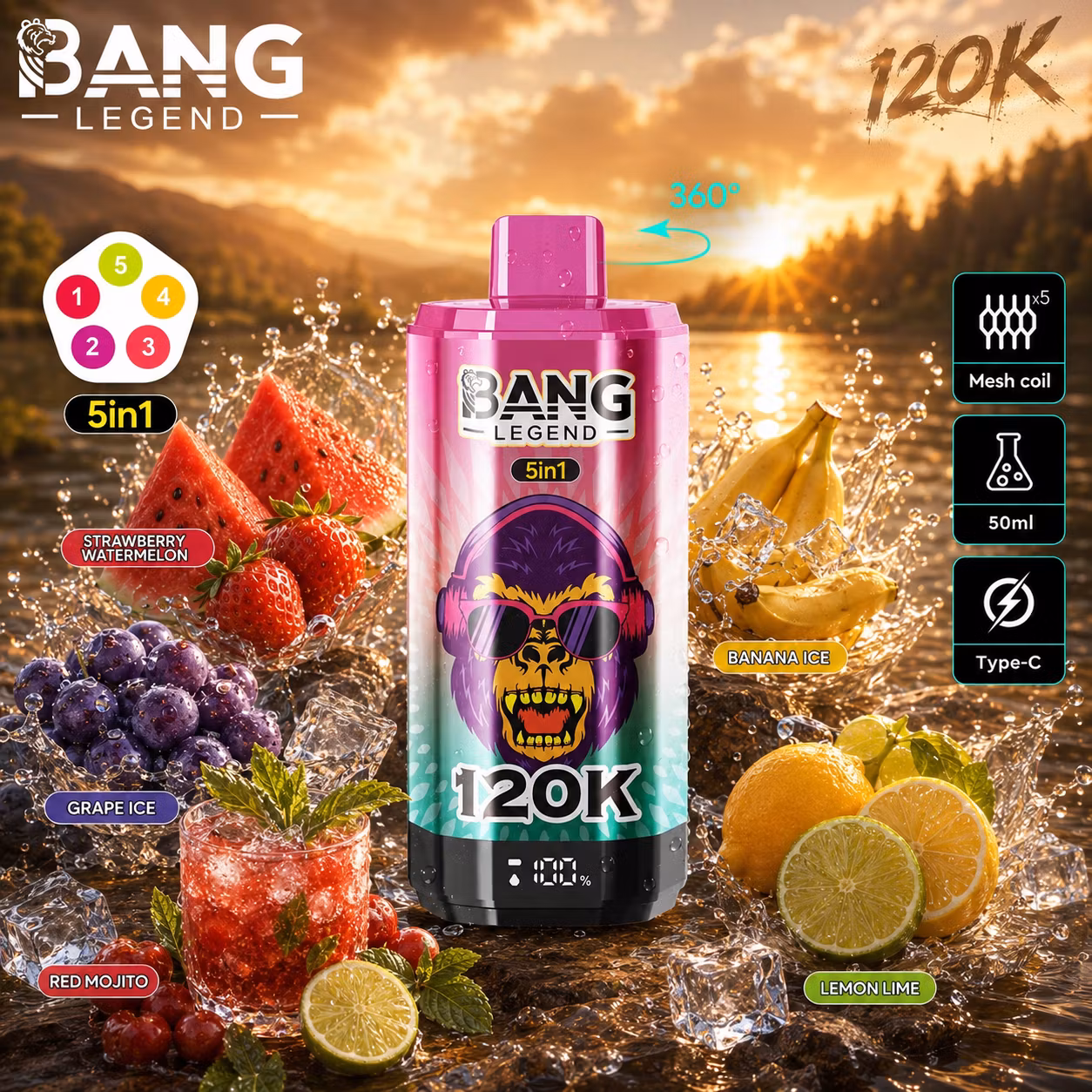 BANG LEGEND 120 000 puffów 5w1 – Strawberry Watermelon, Grape Ice, Red Mojito, Banana Ice, Lemon Lime