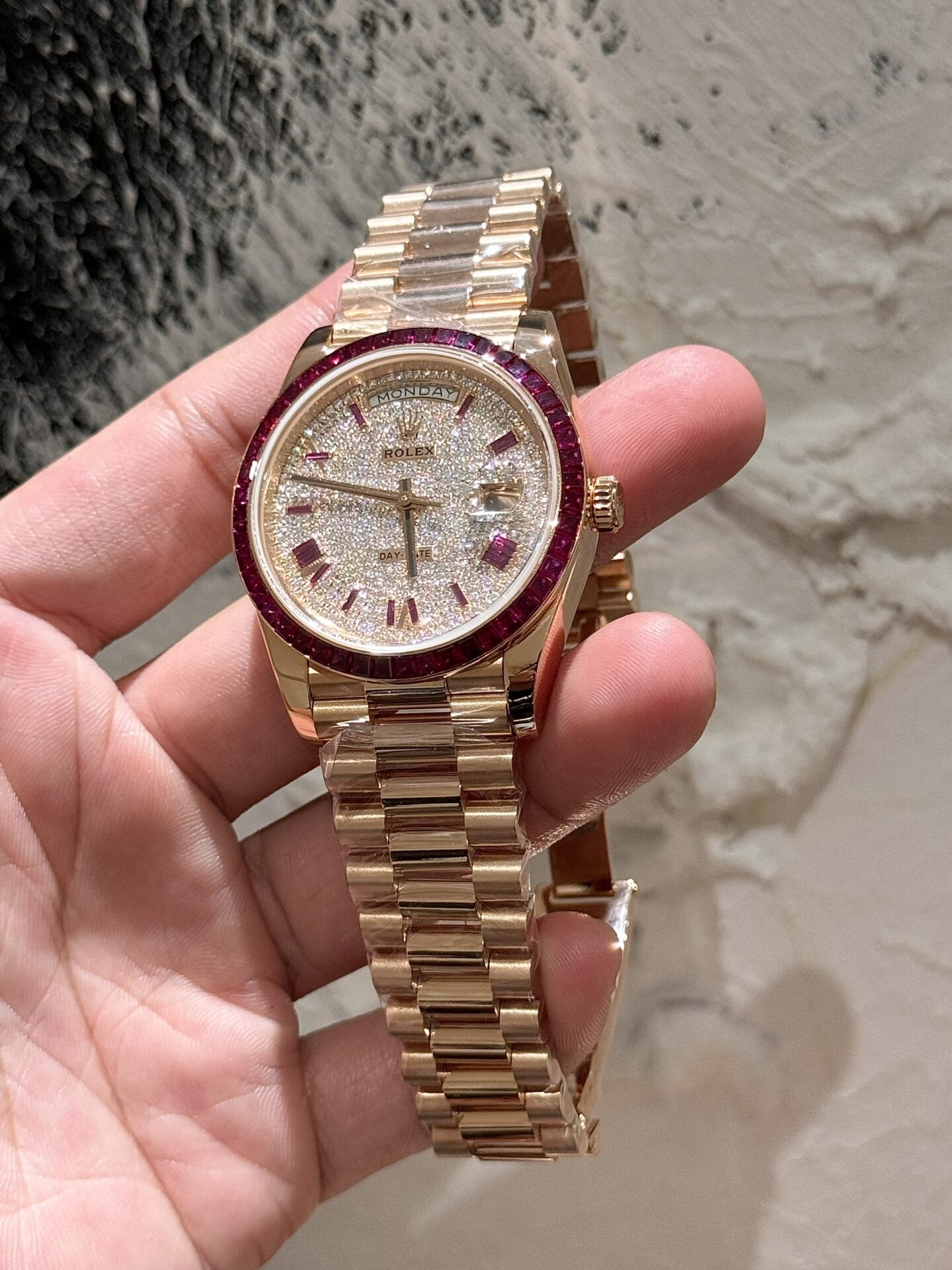Rolex Replica Watch Day-Date Moissanite Ruby Baguette Red 18K Gold Wrapped 40mm - Top club