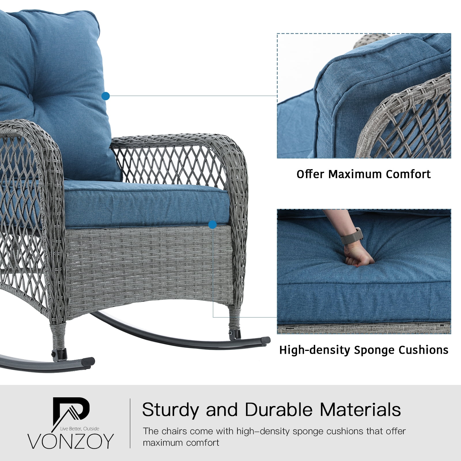 ELPOSUN 3-Piece Outdoor Rocking Chairs, Wicker Patio Furniture with Thickened Cushions and Table for Porch - Image 18