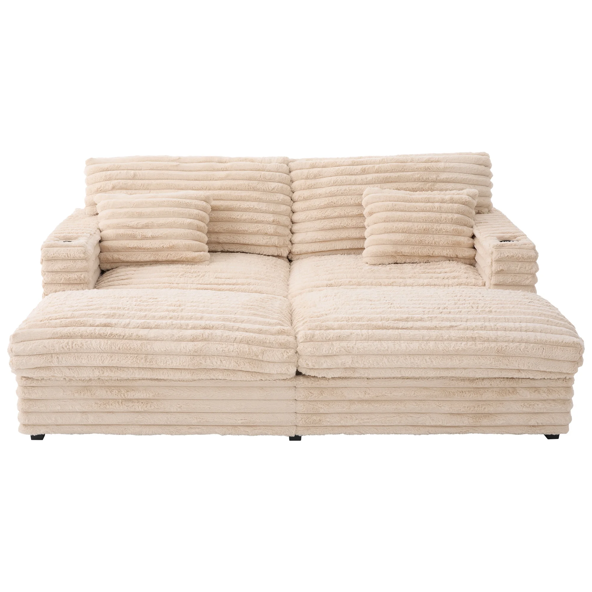 Oversized Double Chaise Lounge, Faux Fur Upholstered Deep Seat Sofa with 2 Pillows, 2 Cupholders, and Dual USB Ports - Image 39