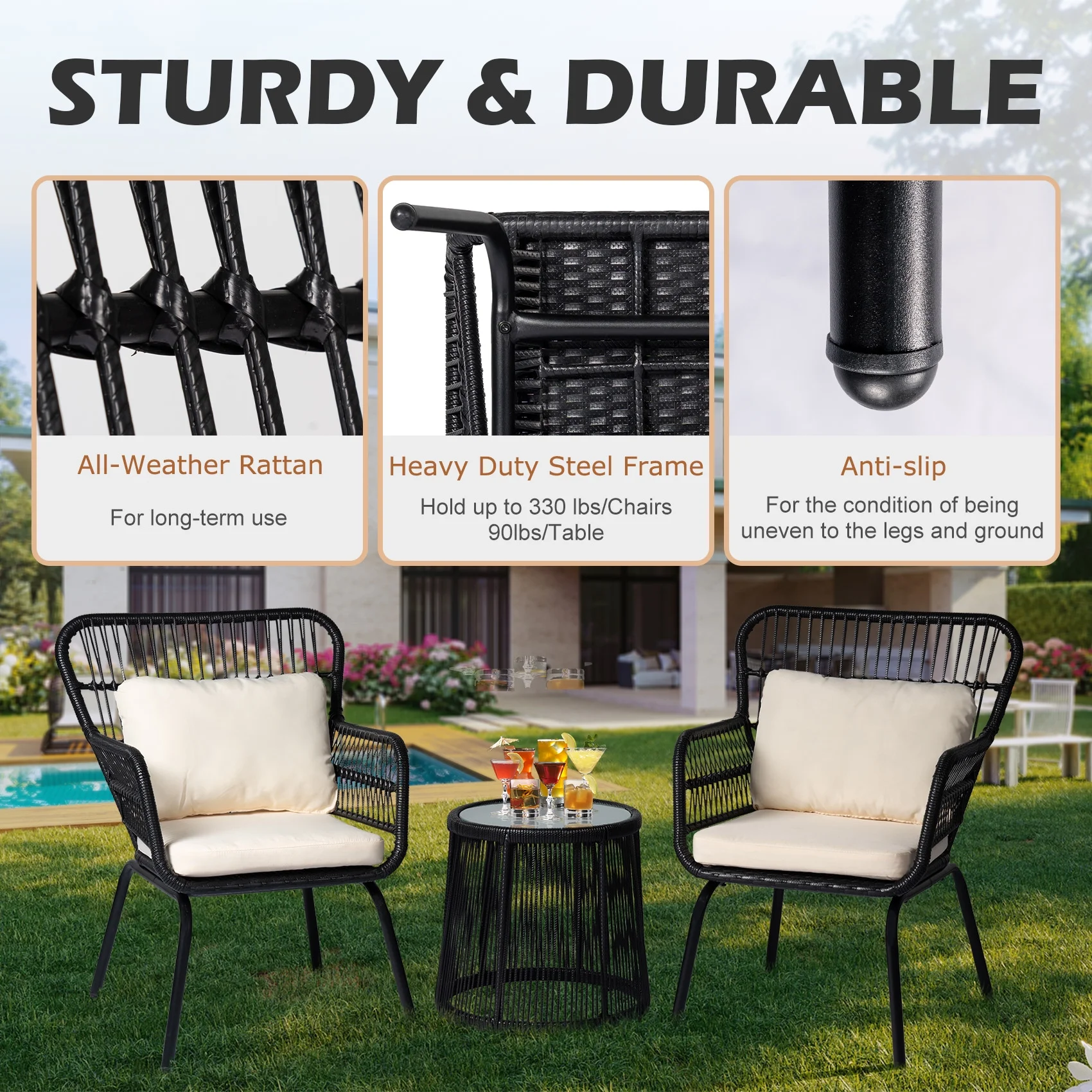Tappio 3-Piece Patio Conversation Bistro Set Rattan Furniture, Outdoor Patio Set w/Glass Top Table & Cushions for Garden Balcony Backyard Poolside, Yellow/Beige - Image 21