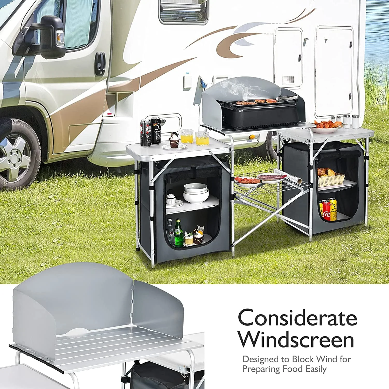 Camping Kitchen Table with Storage, Aluminum Portable Outdoor Cooking Table with Windscreen, Foldable Camp Table Cook Station for BBQ, Grill, Party, Picnics - Image 3