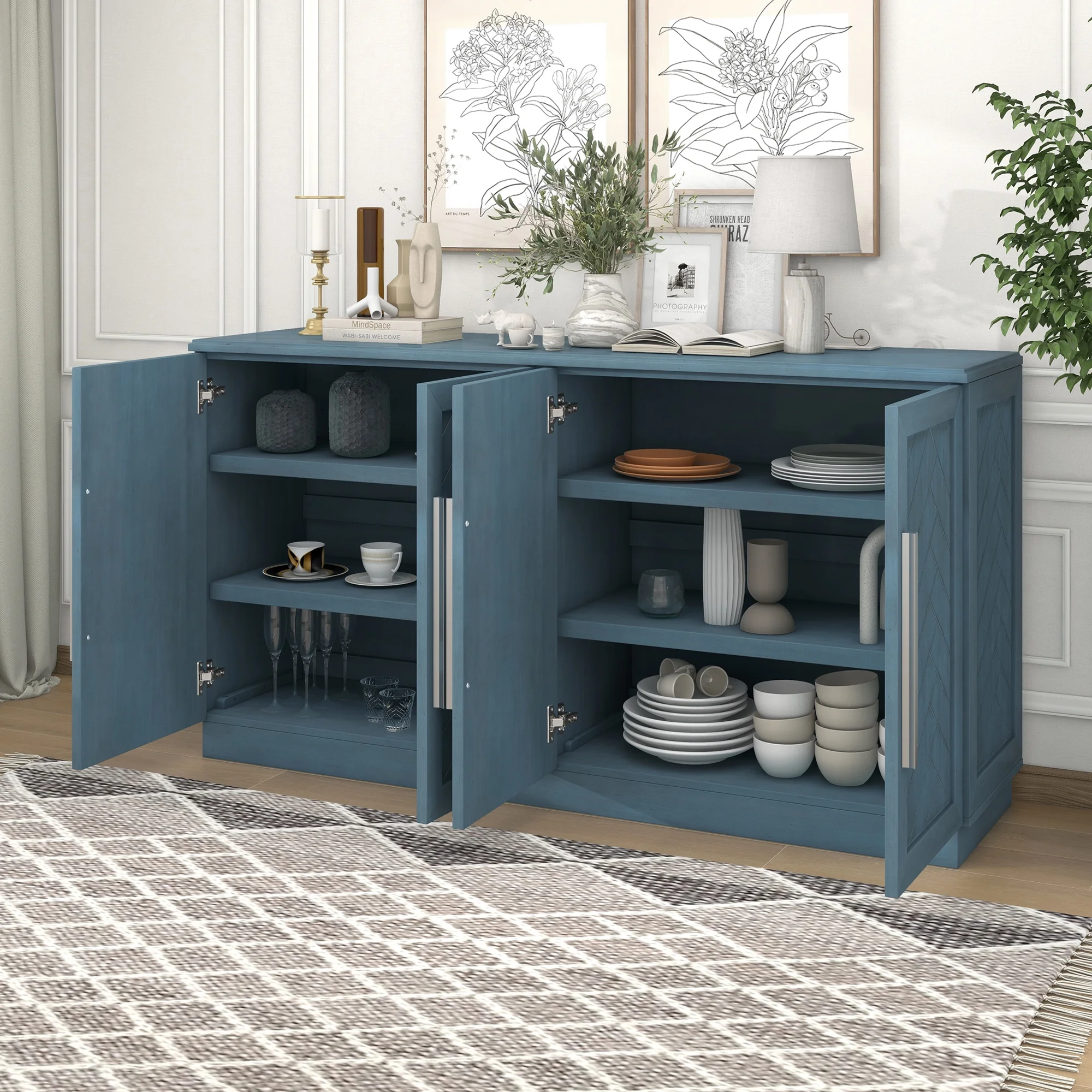 4-Door Buffet Sideboard, Modern Large Storage Cabinet Furniture with Adjustable Shelves&Silver Handles, Accent Cabinet Table, Console Table Cabinet for Kitchen Living Room Entryway Hallway, Navy Blue