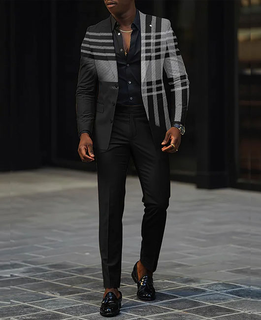 Fashion Colorblock Plaid Lapel Collar Button Blazer & Pants 2Pcs Set