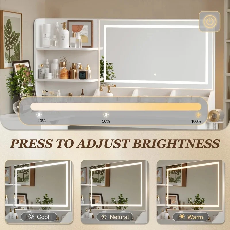 Furmax L Shaped Vanity Desk Set Corner Makeup Vanity Set with Adjustable LED Lighted Mirror & Power Outlets Dressing Table with Organizers, and Cushioned Stool, White - Image 4