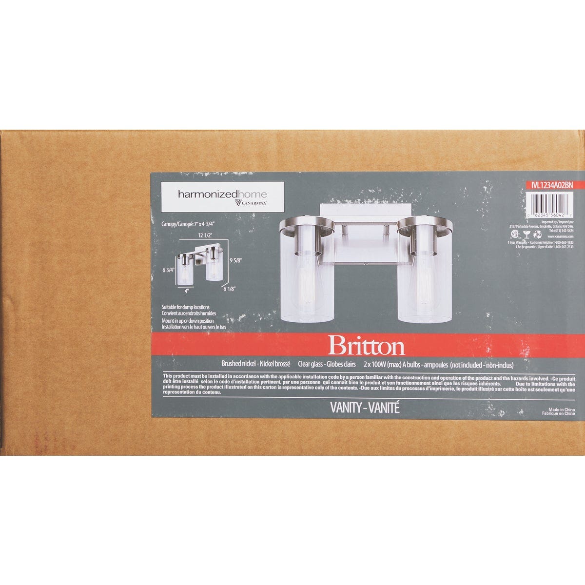 Canarm Britton 2-Light Brushed Nickel Vanity Bath Light Fixture, Clear Glass