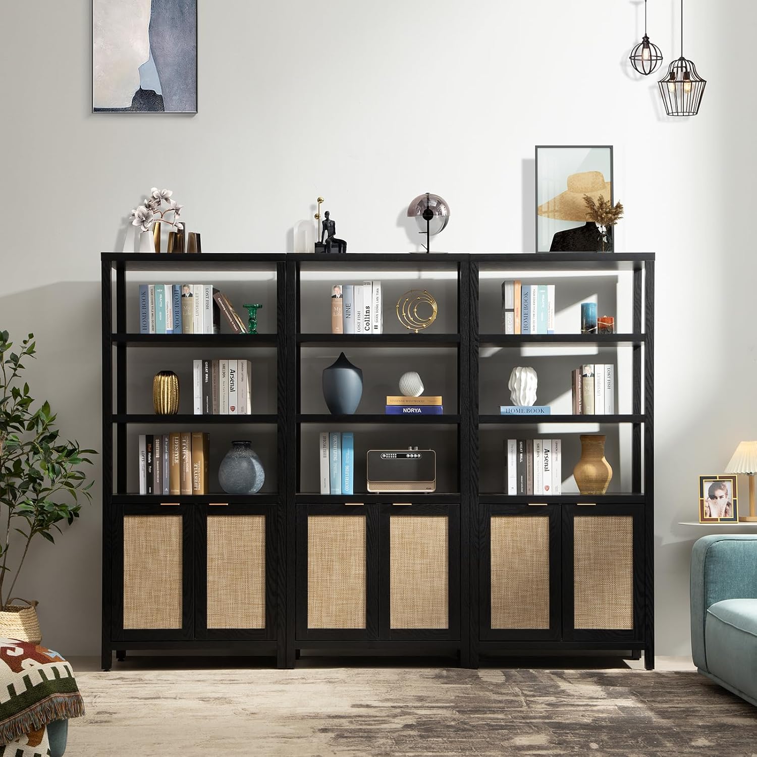 SICOTAS Bookshelf 5 Tier Book Shelf Rattan Boho 71