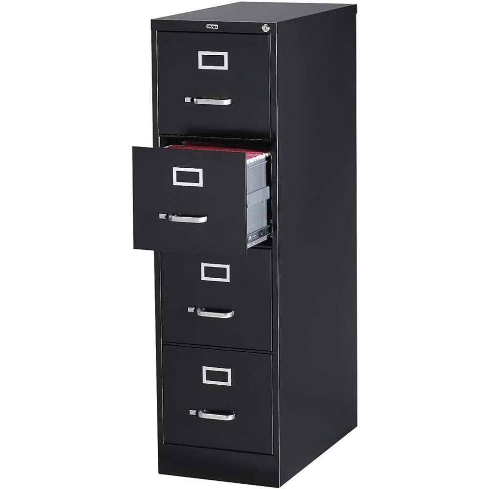 STAPLES 4-Drawer File Cabinet, Lockable, Black, 25"D x 15"W