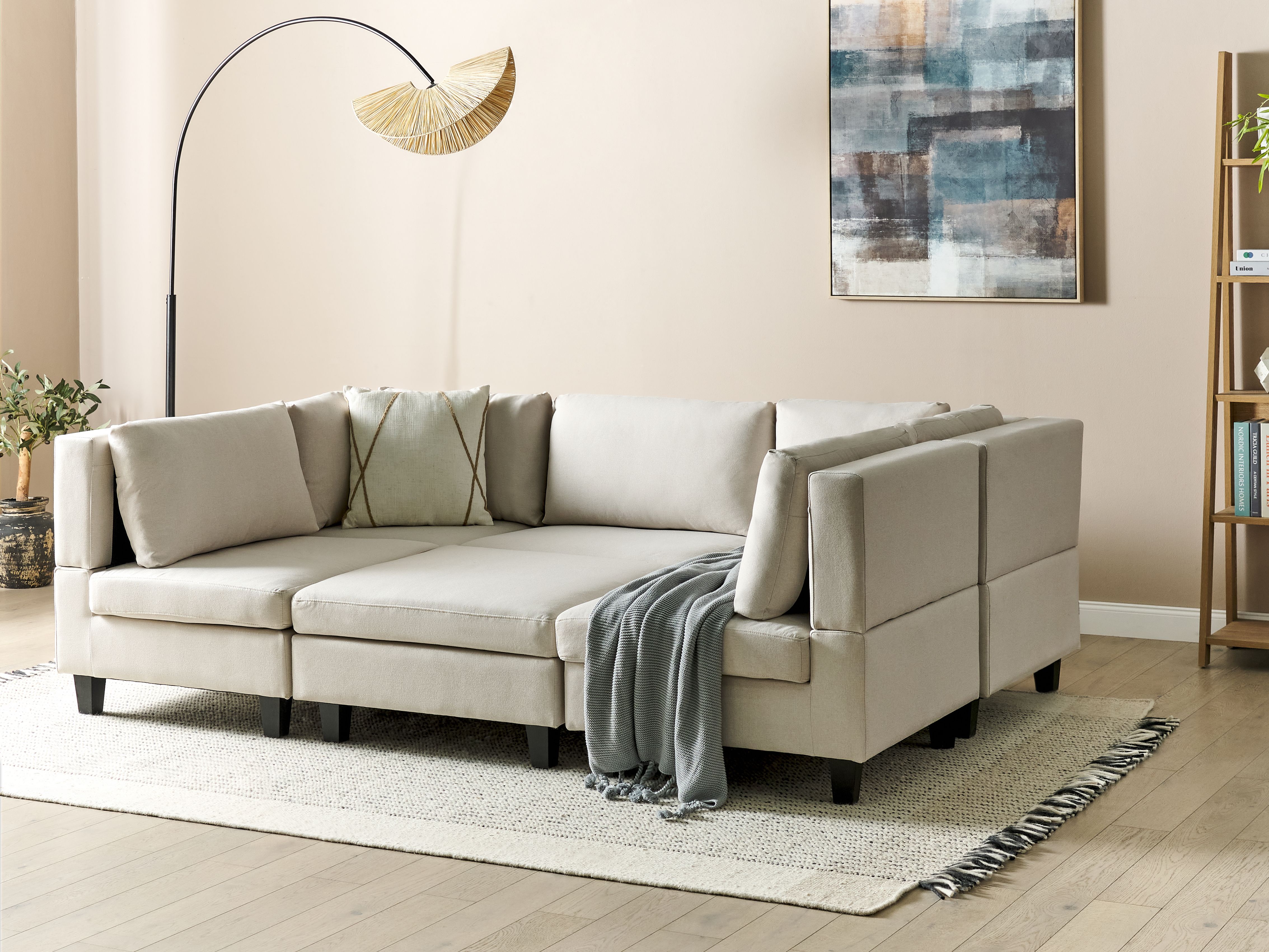 Modular U-Shape Sofa 5 Seater UNSTAD Fabric Light Beige with Ottoman