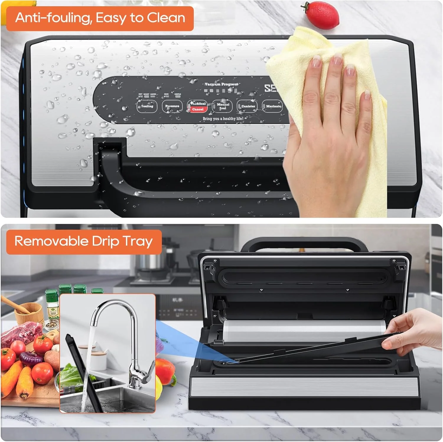 Upgraded Vacuum Sealer for Liquid, 90Kpa Vacuum Sealer Machine for Dry/Moist/Liquid Food, Easy-Lock Handle, Double Heat Seal, Built-in Cutter and Bag Storage & Removable Drip Tray - Image 6